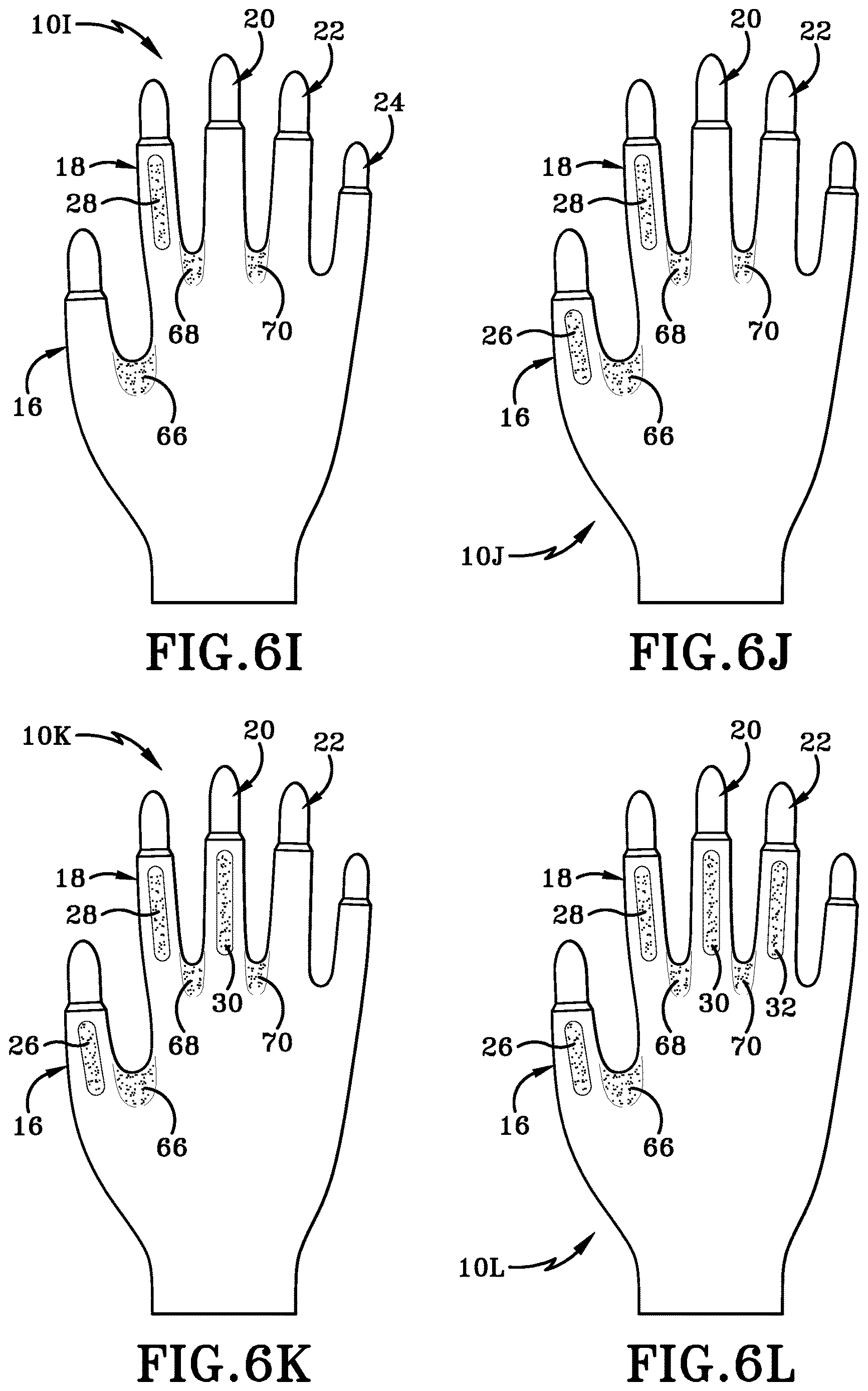 Patent US12616259 Figure 10 – Glove with longitudinal finger stays and textured finger and thumb crotches