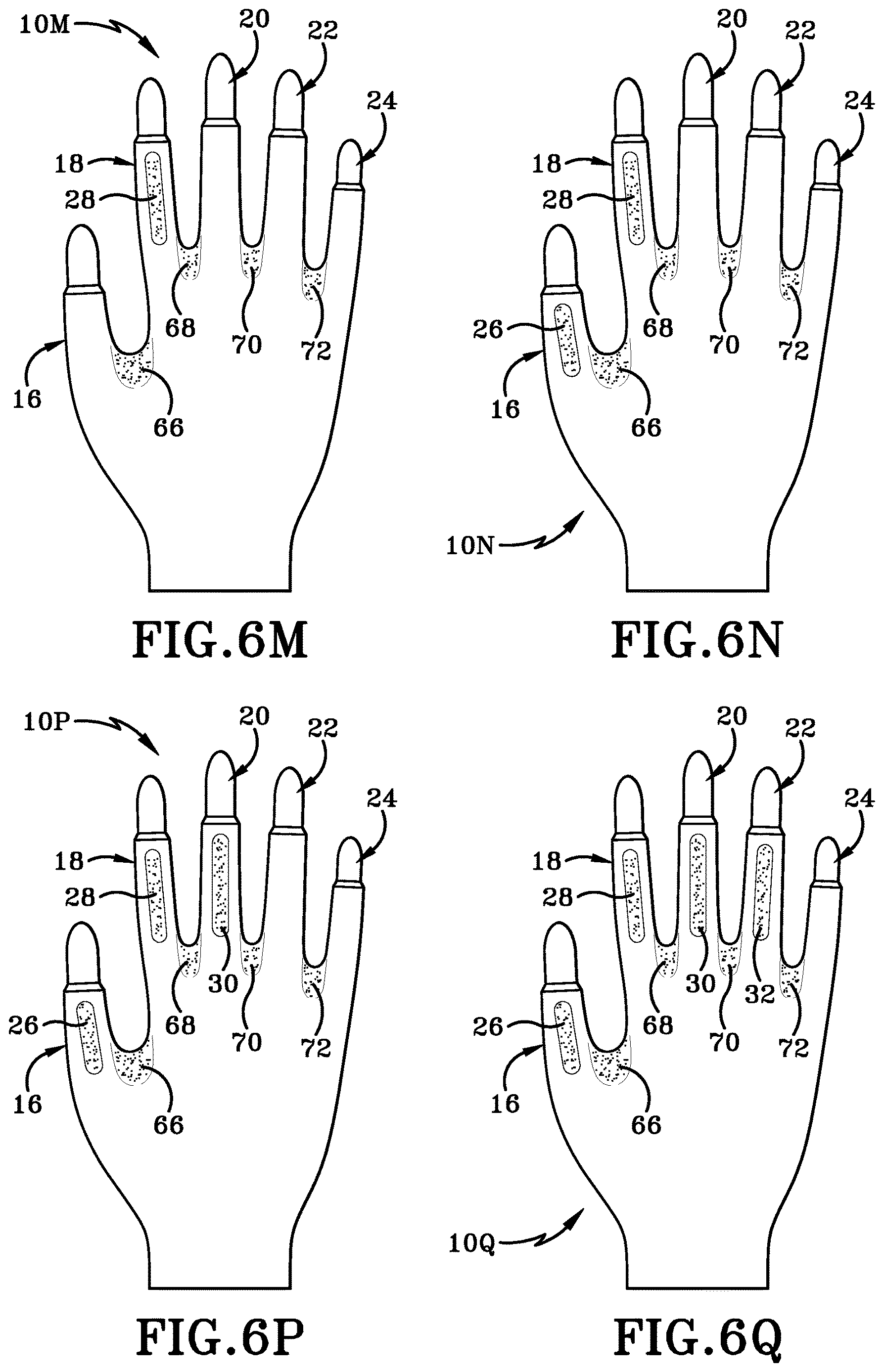 Patent US12616259 Figure 11 – Glove with longitudinal finger stays and textured finger and thumb crotches