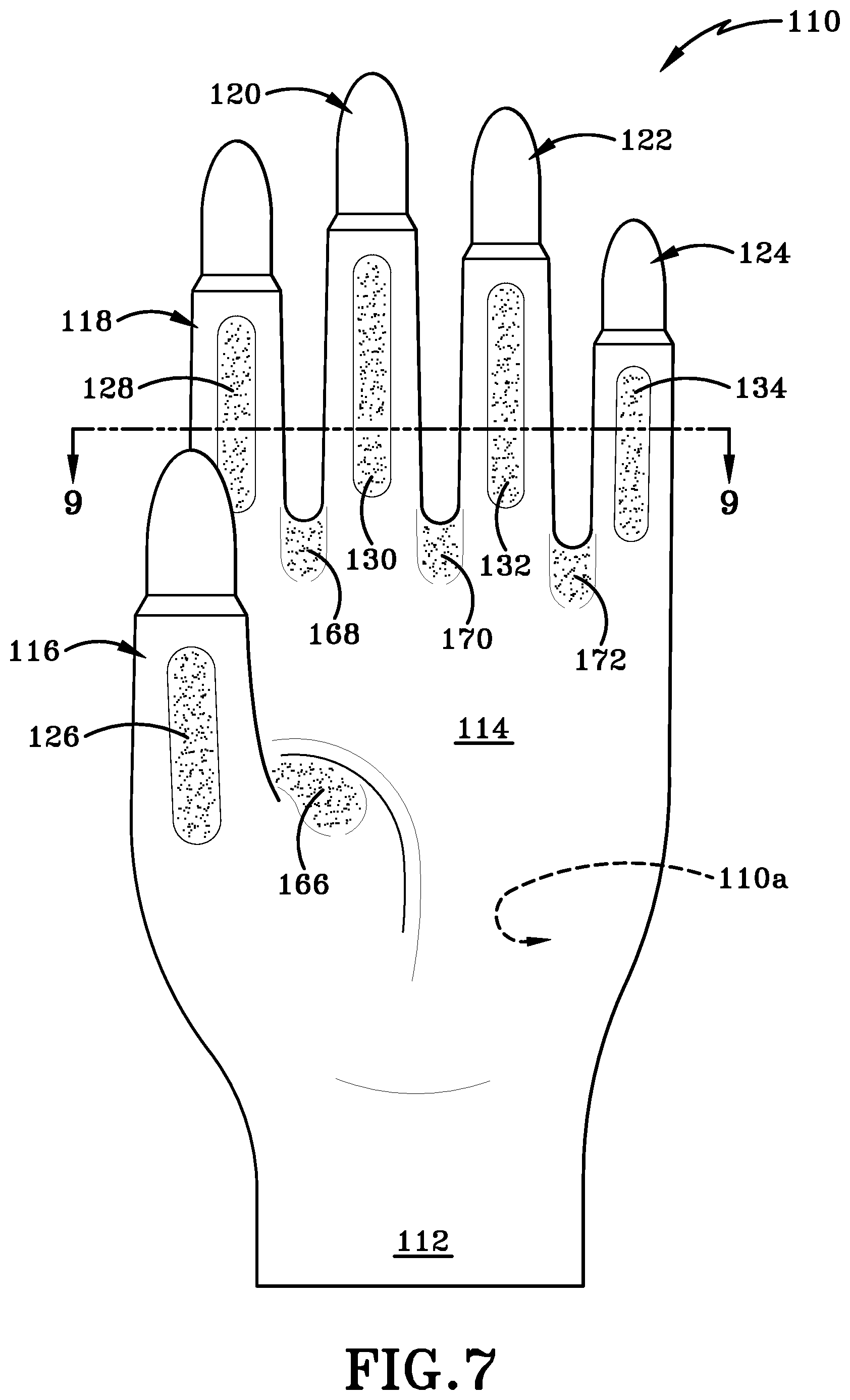 Patent US12616259 Figure 12 – Glove with longitudinal finger stays and textured finger and thumb crotches