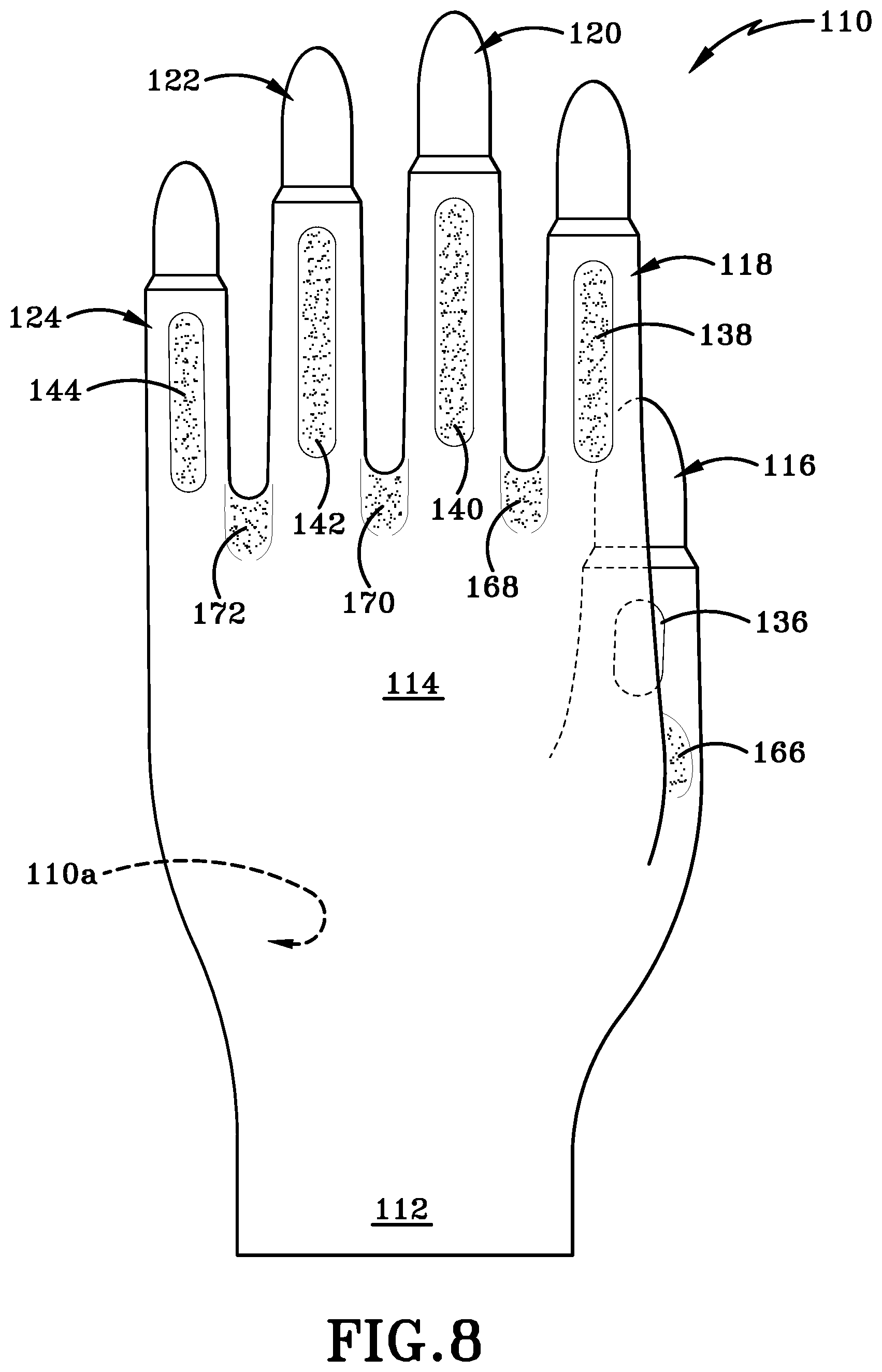 Patent US12616259 Figure 13 – Glove with longitudinal finger stays and textured finger and thumb crotches