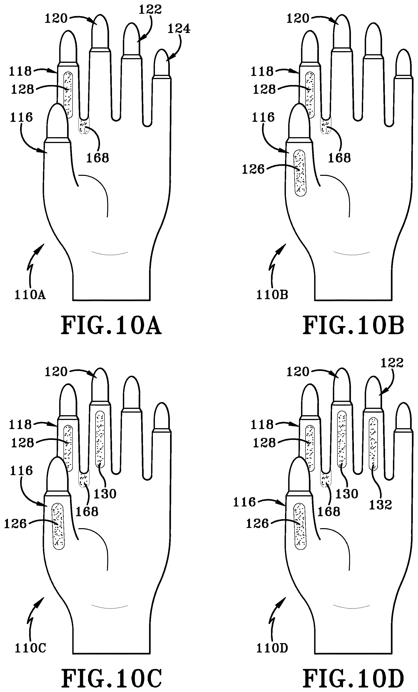 Patent US12616259 Figure 15 – Glove with longitudinal finger stays and textured finger and thumb crotches