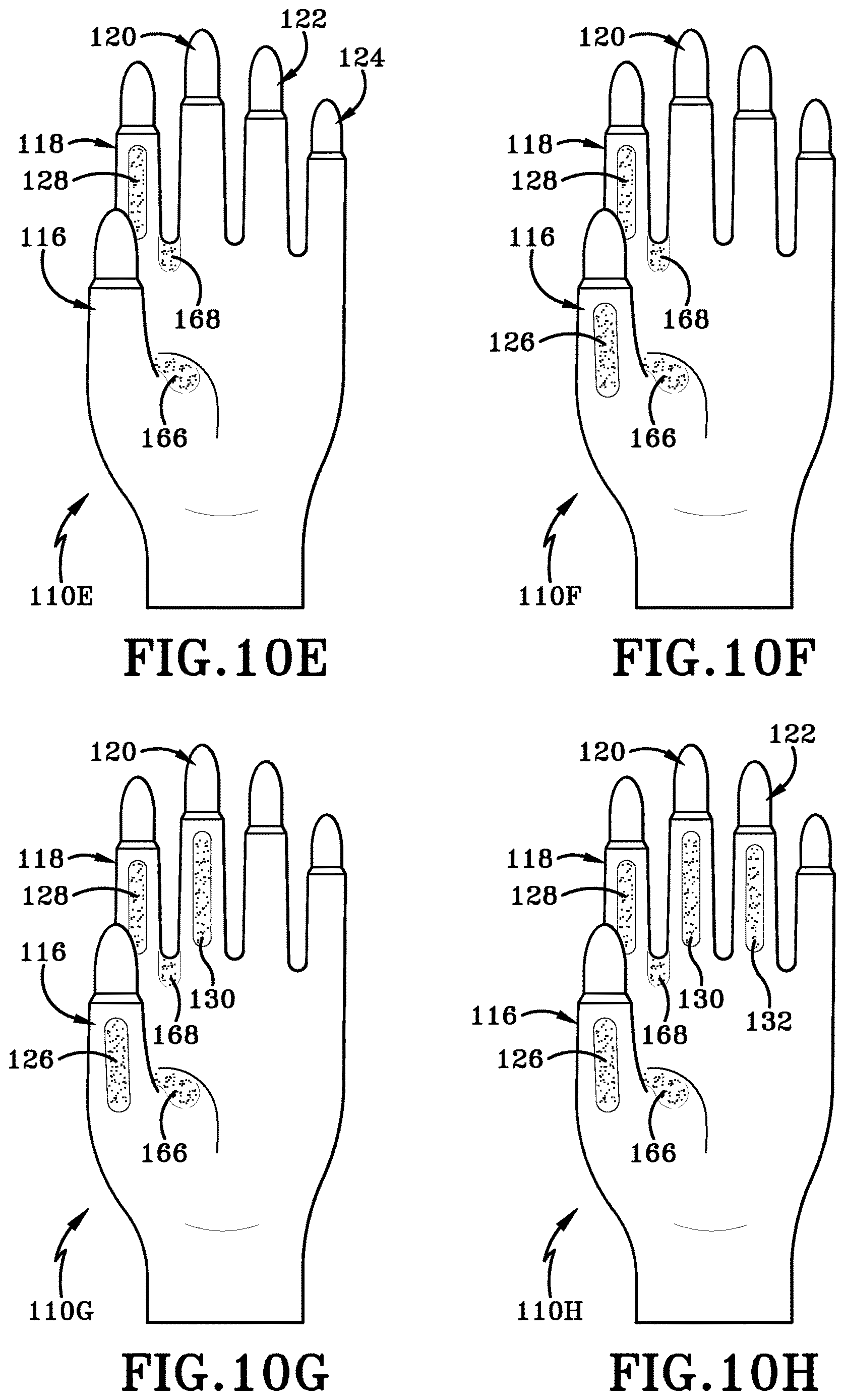 Patent US12616259 Figure 16 – Glove with longitudinal finger stays and textured finger and thumb crotches