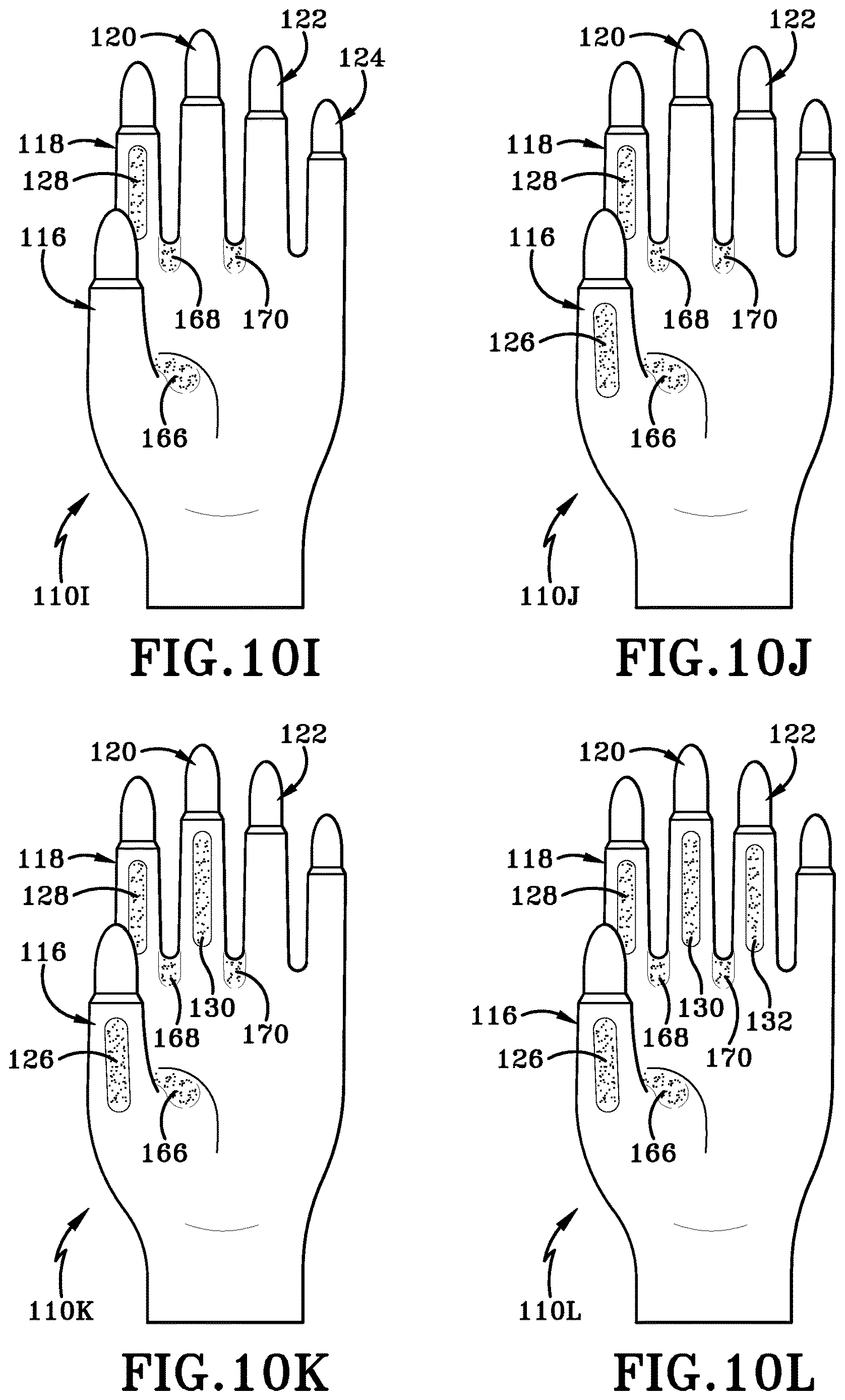Patent US12616259 Figure 17 – Glove with longitudinal finger stays and textured finger and thumb crotches