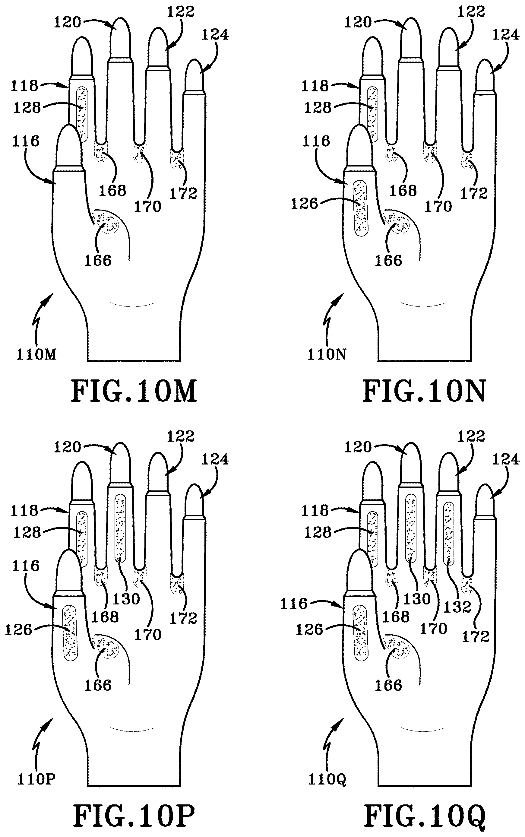 Patent US12616259 Figure 18 – Glove with longitudinal finger stays and textured finger and thumb crotches
