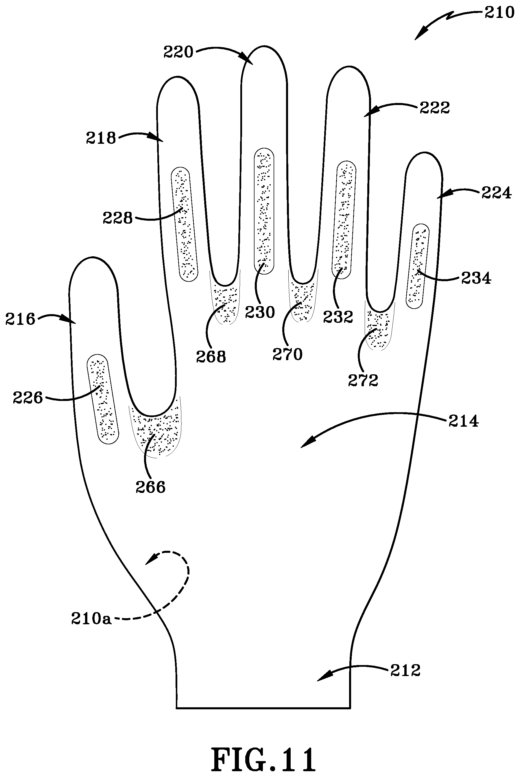 Patent US12616259 Figure 19 – Glove with longitudinal finger stays and textured finger and thumb crotches