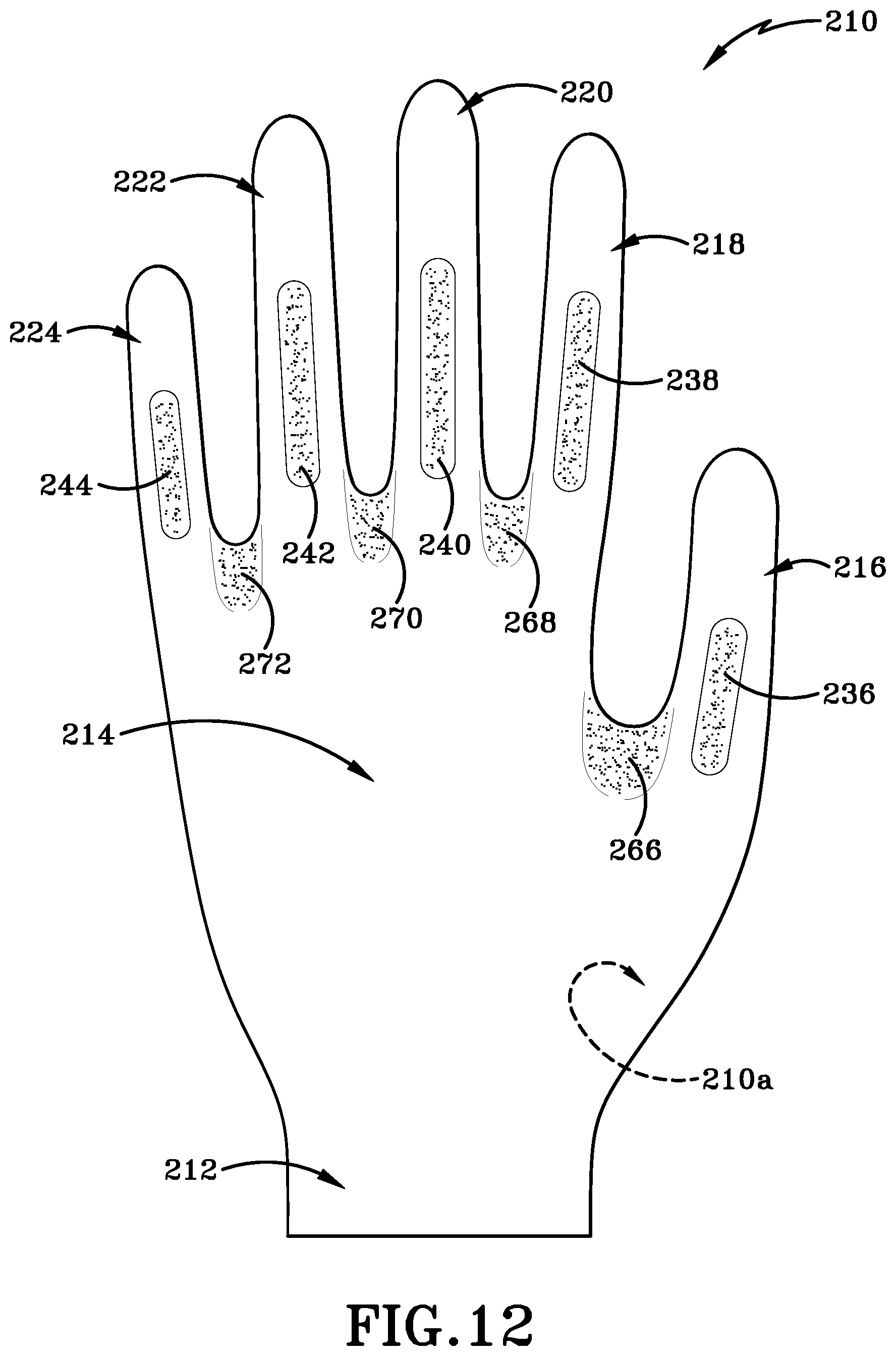 Patent US12616259 Figure 20 – Glove with longitudinal finger stays and textured finger and thumb crotches
