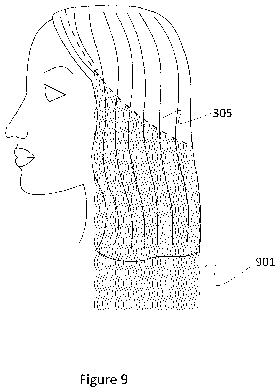 Patent US12616263 Figure 9 – Supplemental face framing hair attachment for circular hair extensions