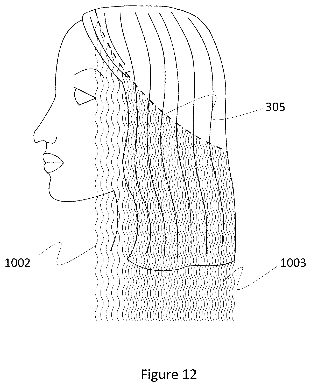 Patent US12616263 Figure 12 – Supplemental face framing hair attachment for circular hair extensions