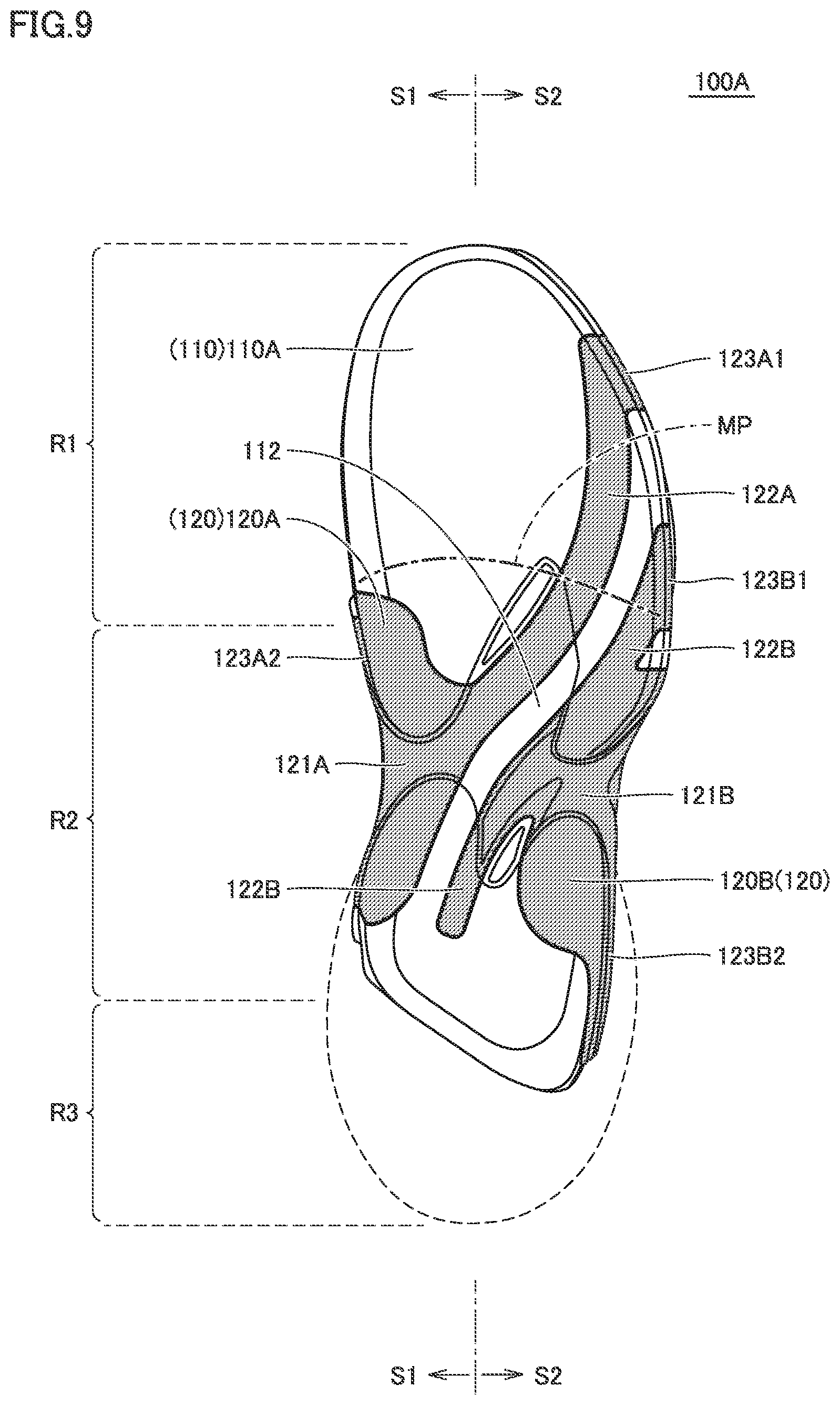 Patent US12616276 Figure 9 – Shoe sole and shoe