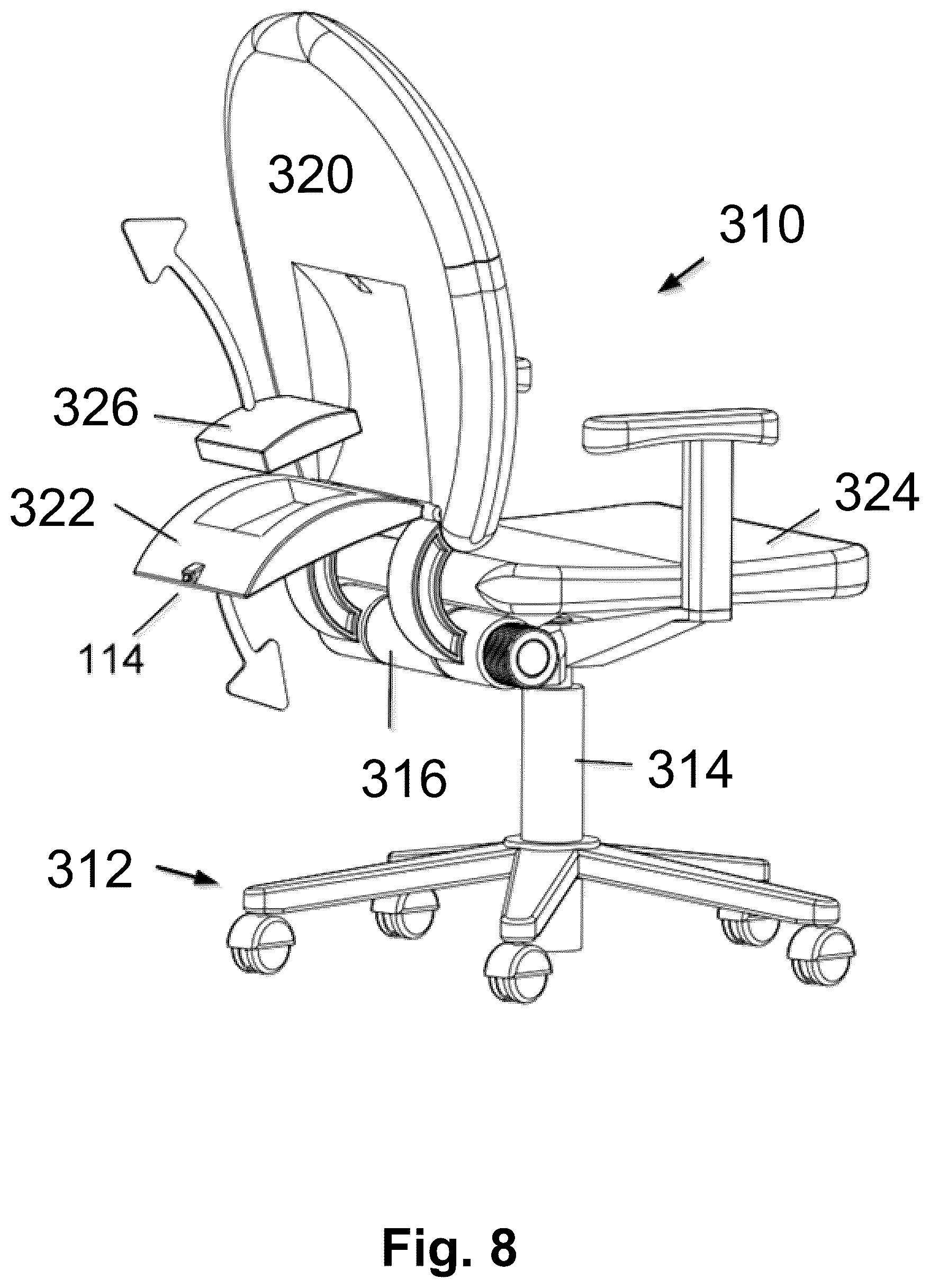 Patent US12616301 Figure 8 – Ergonomic seating system, tilt-lock control and remote powering method and apparatus