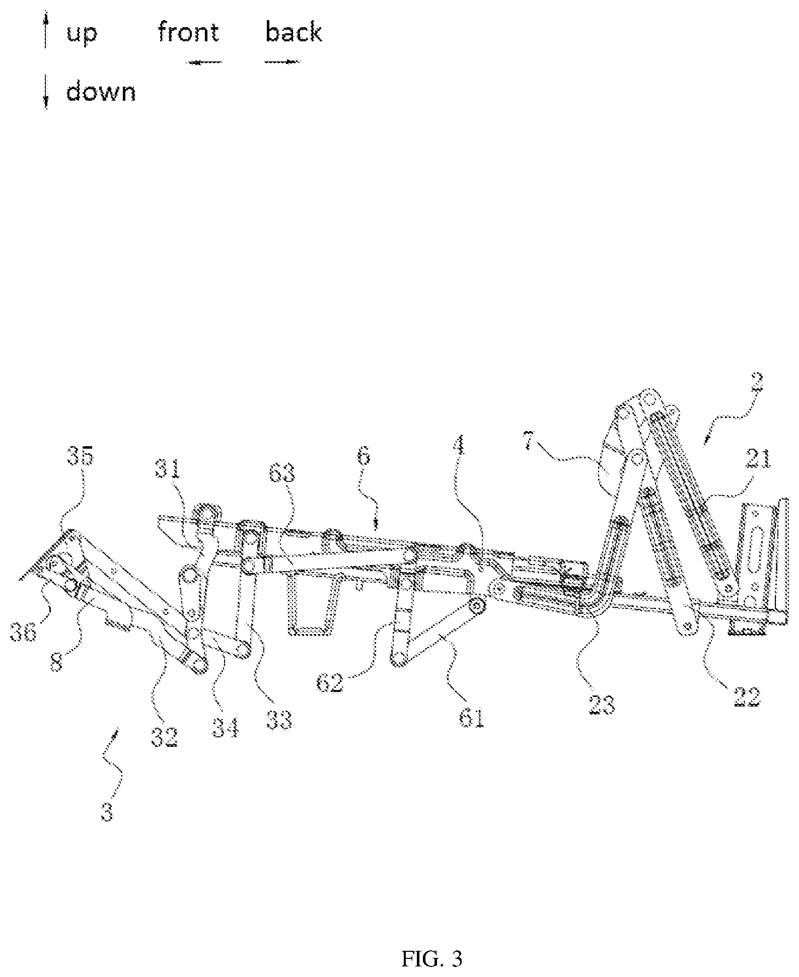 Patent US12616302 Figure 3 – Coupling mechanism and seating furniture