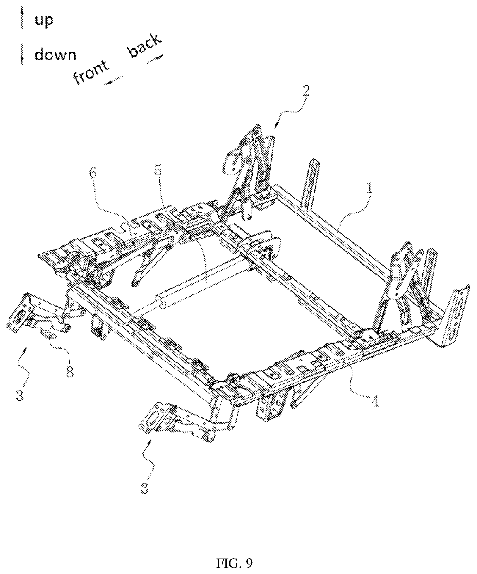 Patent US12616302 Figure 9 – Coupling mechanism and seating furniture