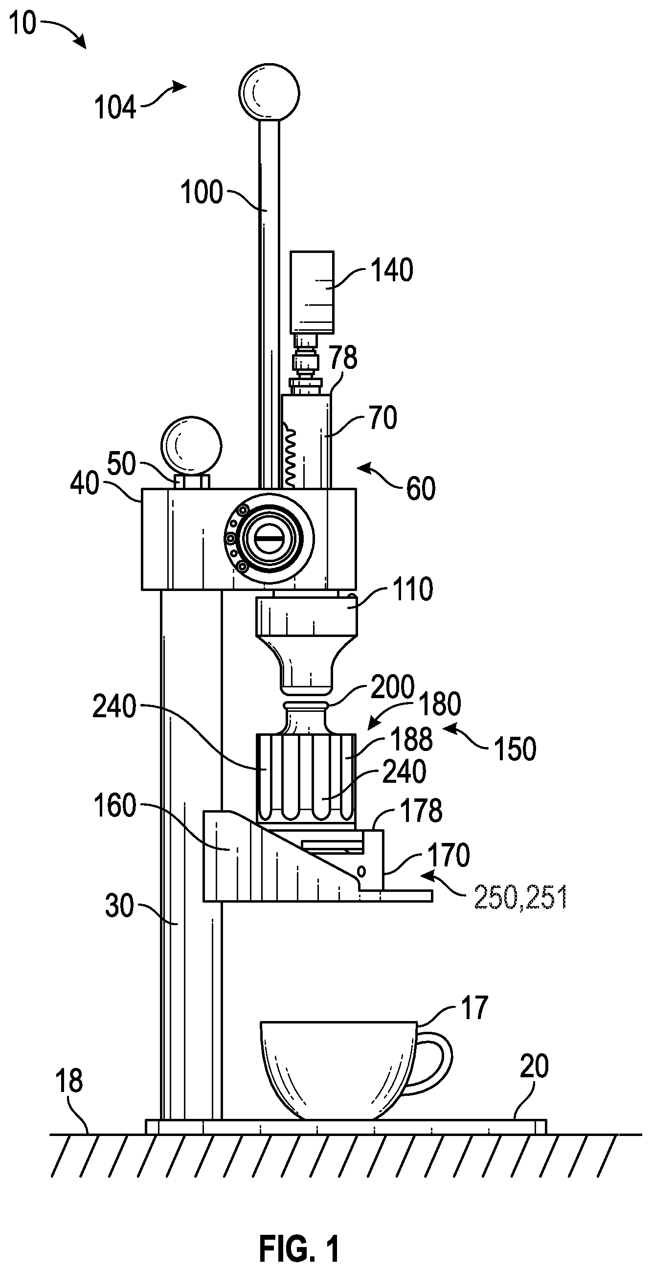 Patent US12616330 Figure 1 – Manual espresso machine