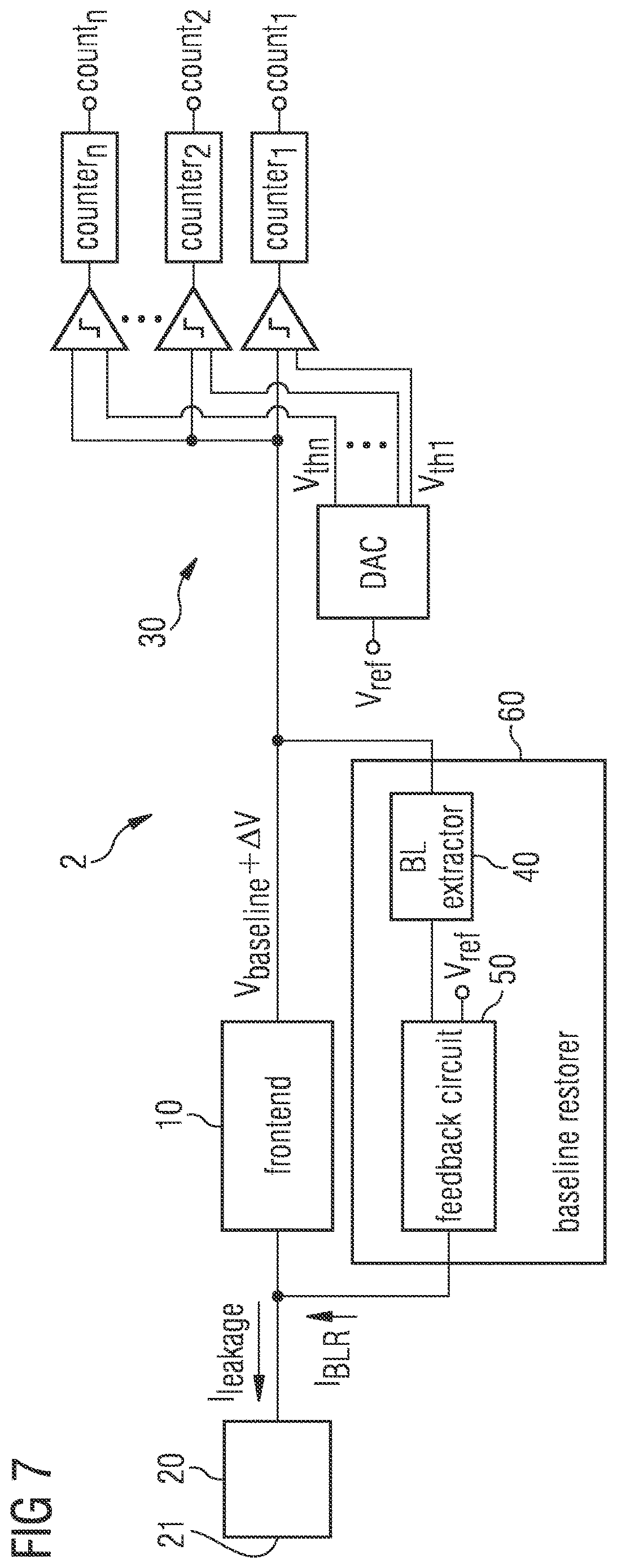 Patent US12616430 Figure 7 – Electric circuitry for baseline extraction in a photon counting system
