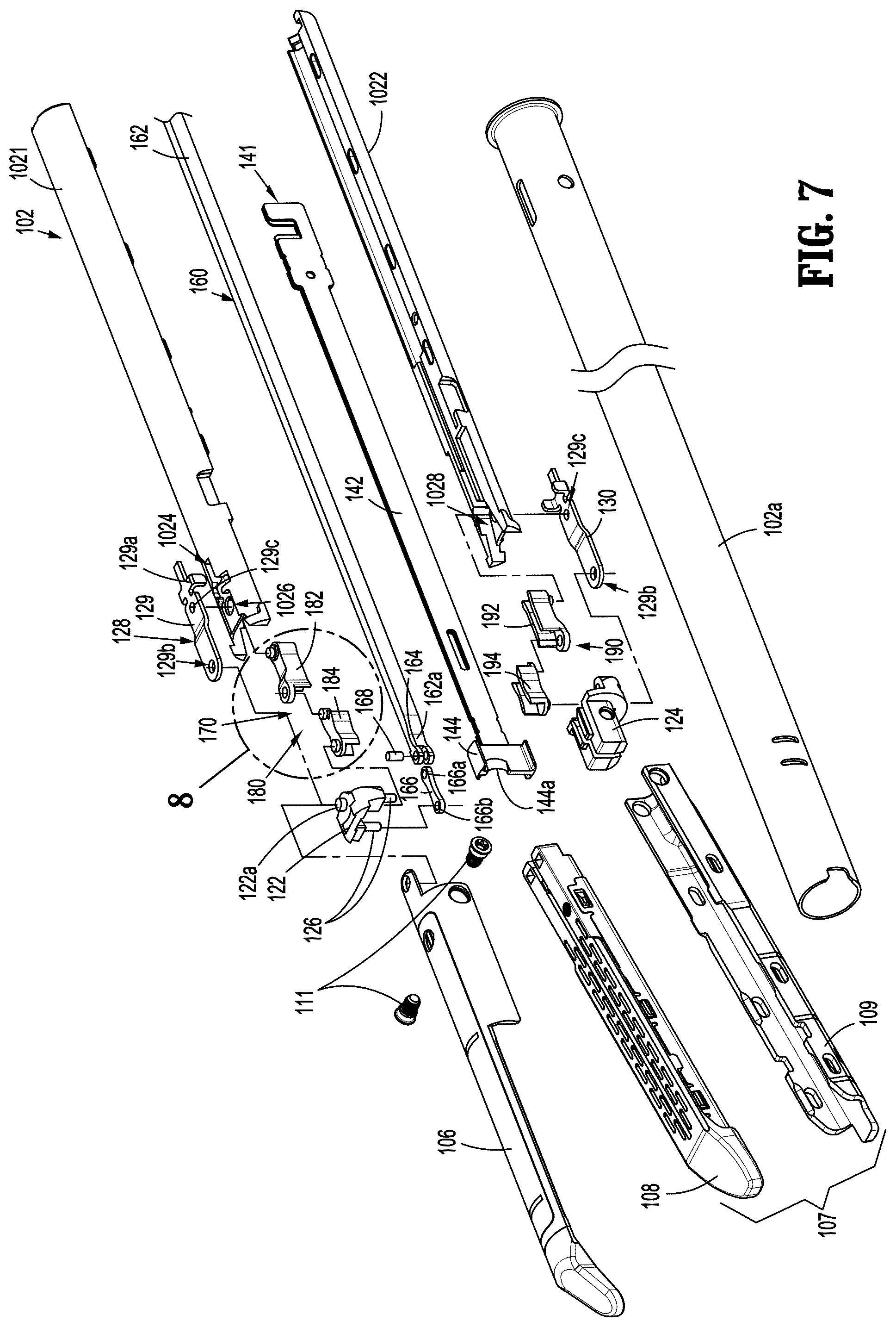 Patent US12616472 Figure 5 – Articulating surgical stapling apparatus with pivotable knife bar guide assembly