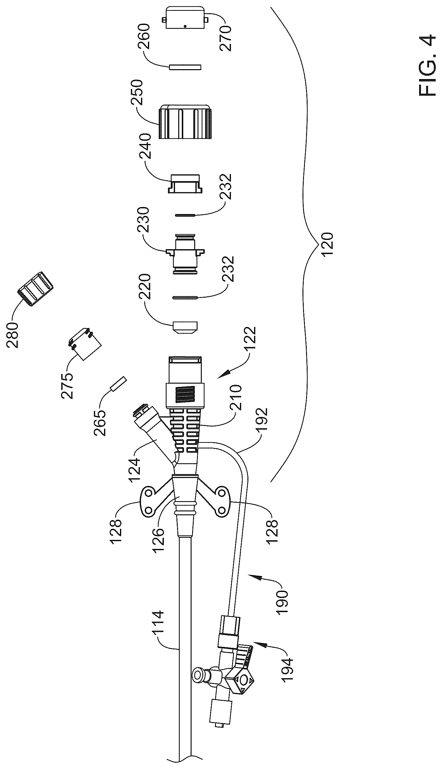 Patent US12616502 Figure 4 – Introducer sheath with dual arm hub having inbuilt tightening port