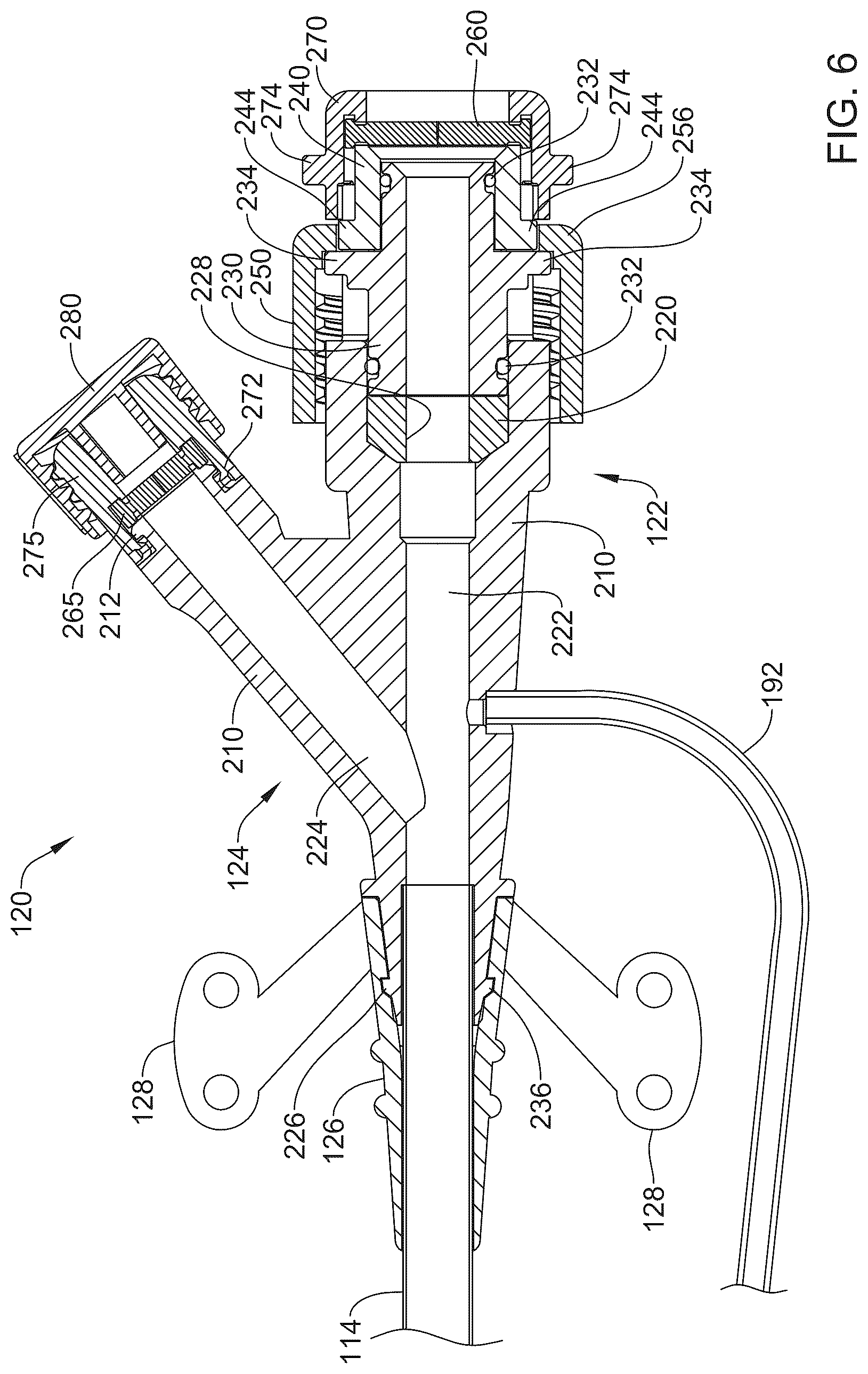 Patent US12616502 Figure 6 – Introducer sheath with dual arm hub having inbuilt tightening port