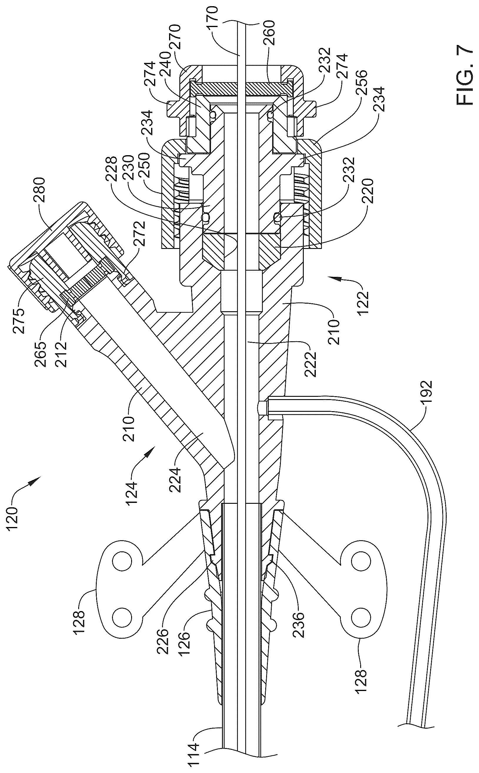 Patent US12616502 Figure 7 – Introducer sheath with dual arm hub having inbuilt tightening port