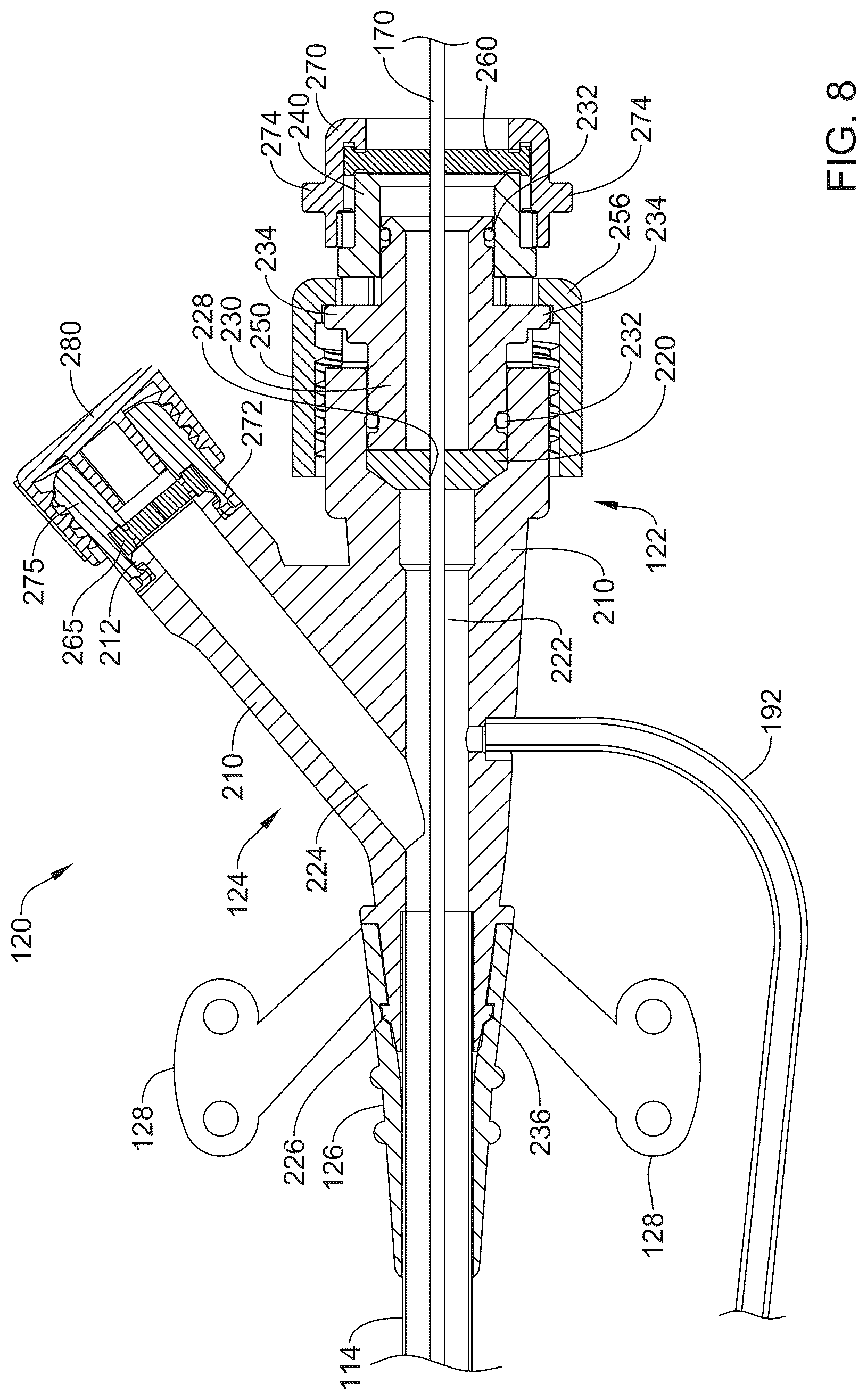 Patent US12616502 Figure 8 – Introducer sheath with dual arm hub having inbuilt tightening port