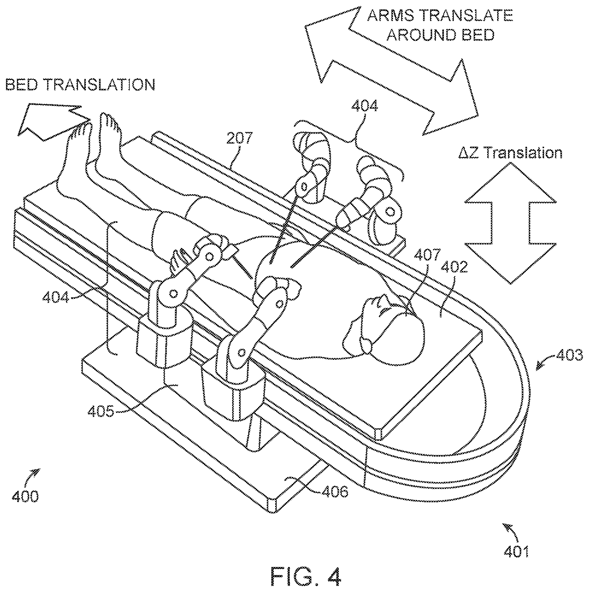 Patent US12616534 Figure 4 – Surgical system with configurable mechanical arms stowable beneath a surgical bed