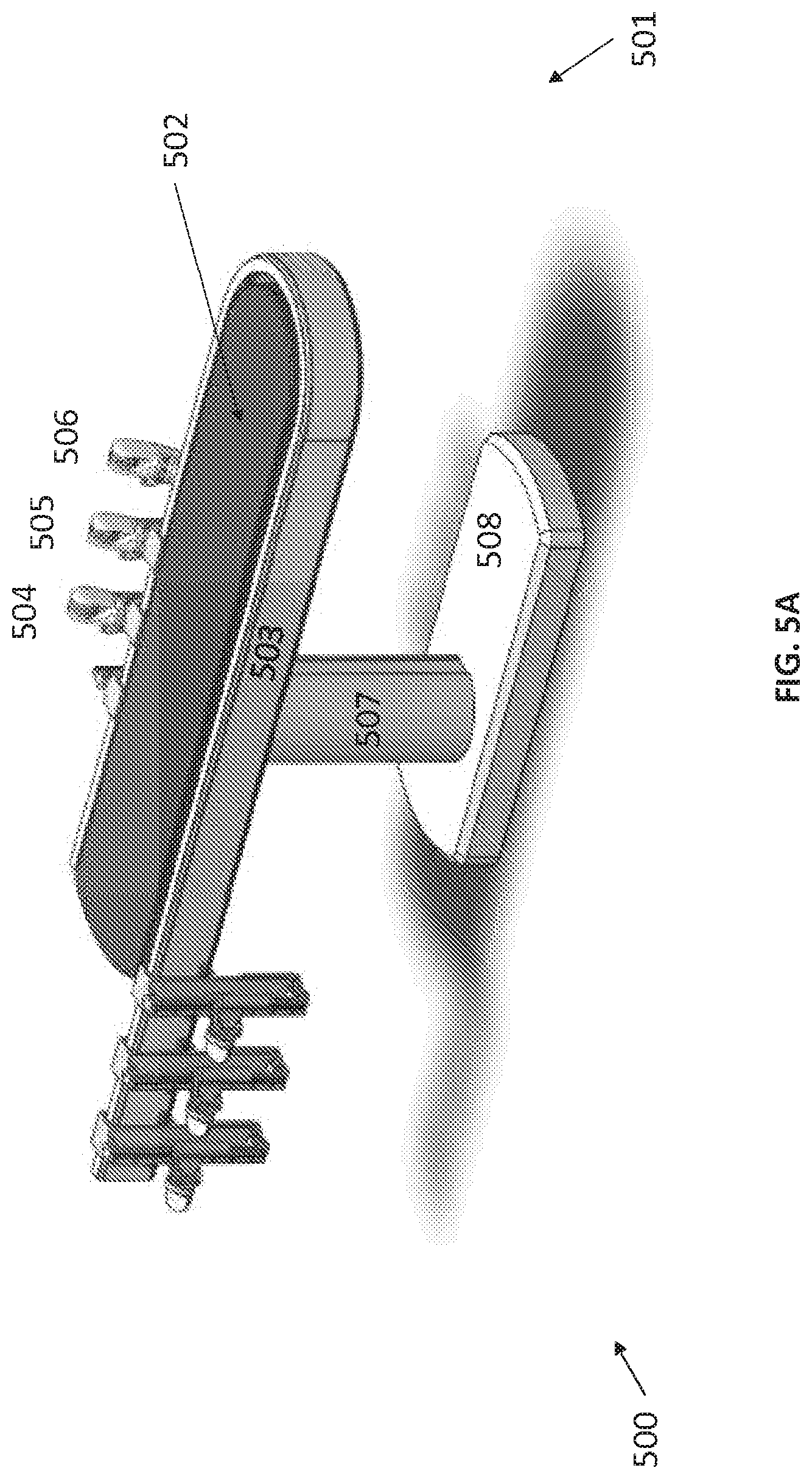 Patent US12616534 Figure 5 – Surgical system with configurable mechanical arms stowable beneath a surgical bed