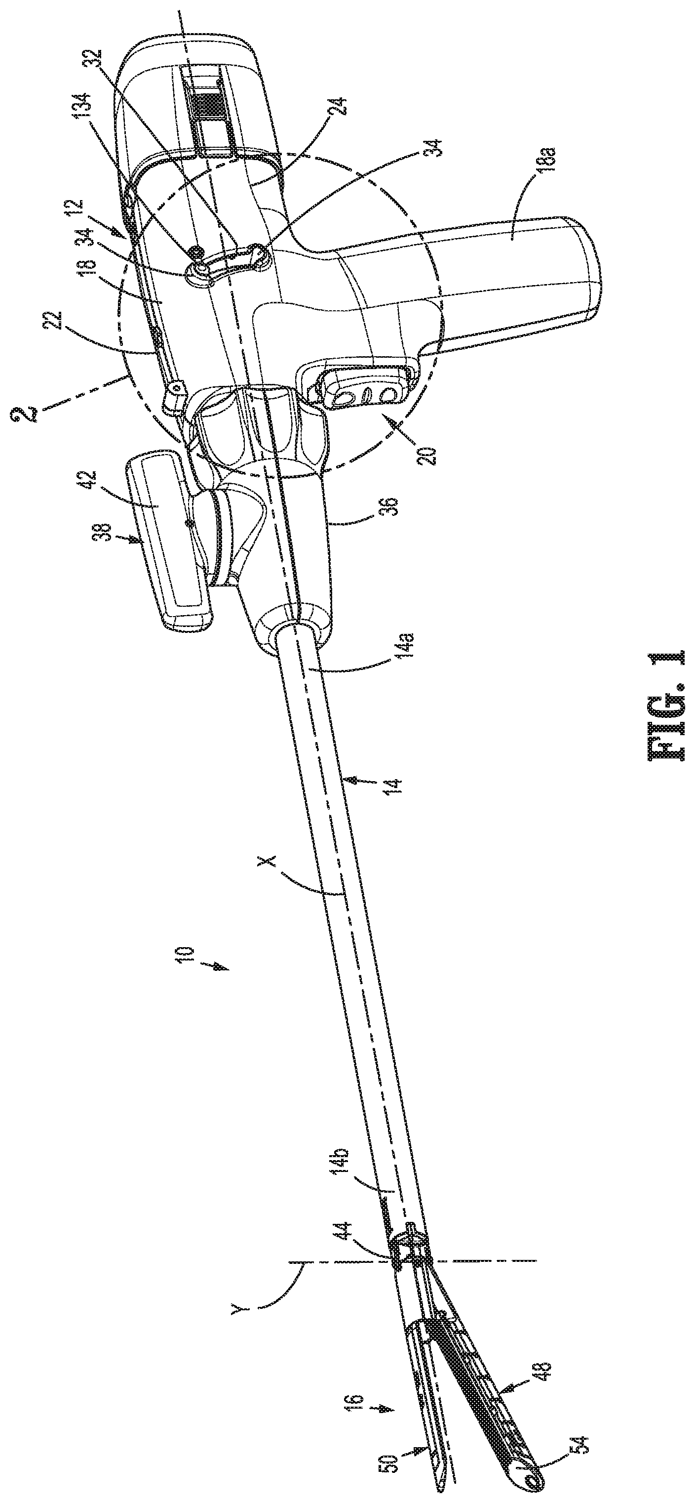 Patent US12616546 Figure 1 – Surgical device with three position safety trigger assembly