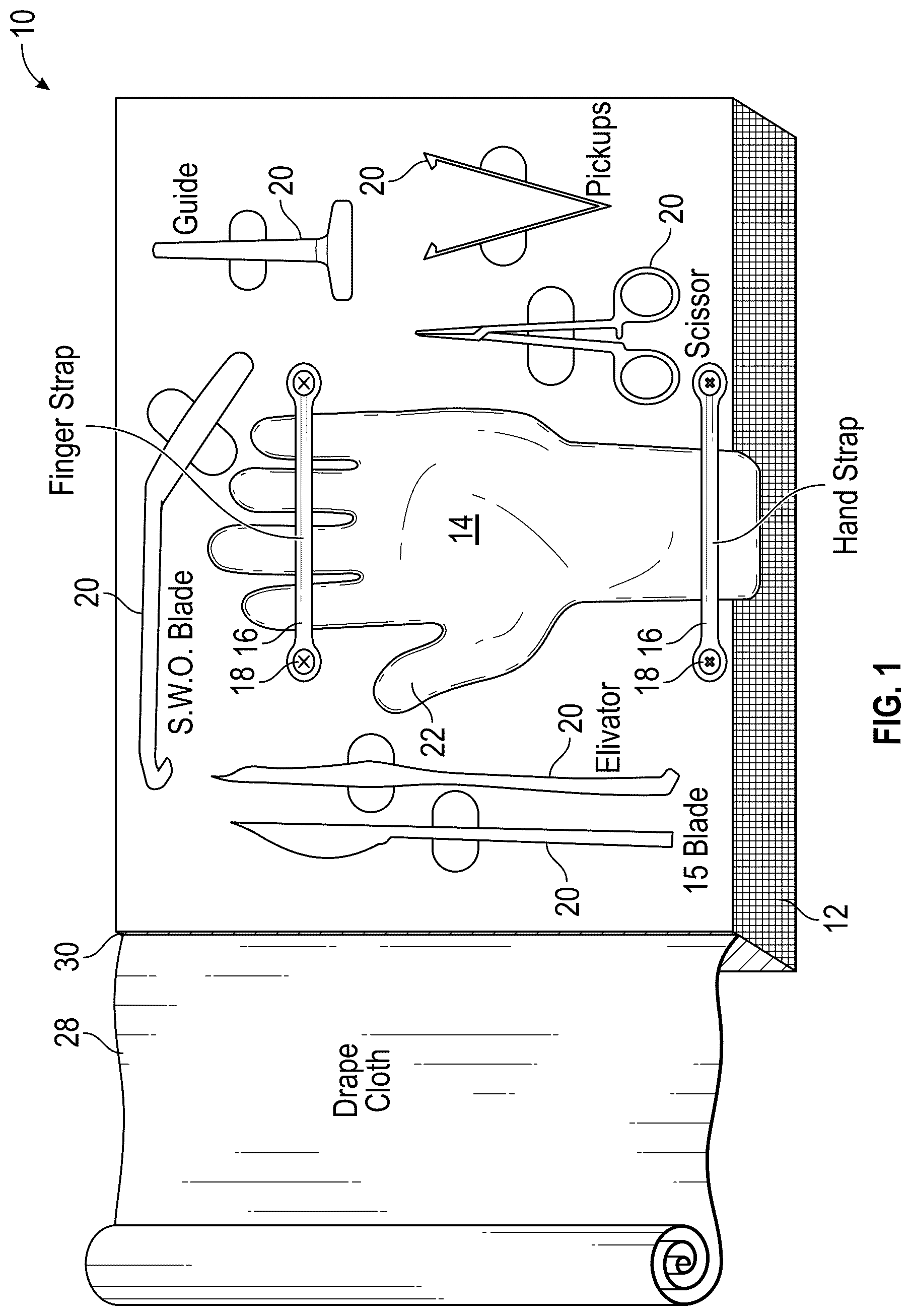 Patent US12616598 Figure 1 – Combination surgical kit and hand restraint