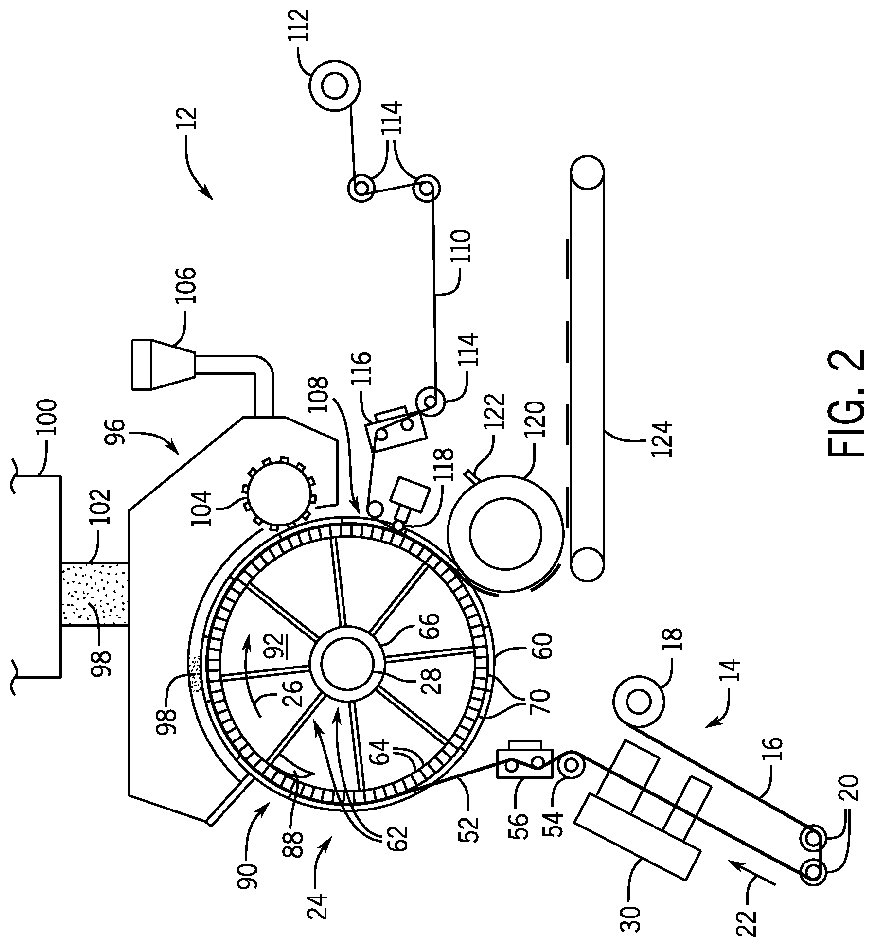 Patent US12616613 Figure 2 – Apparatus for forming and applying a pleated core wrap