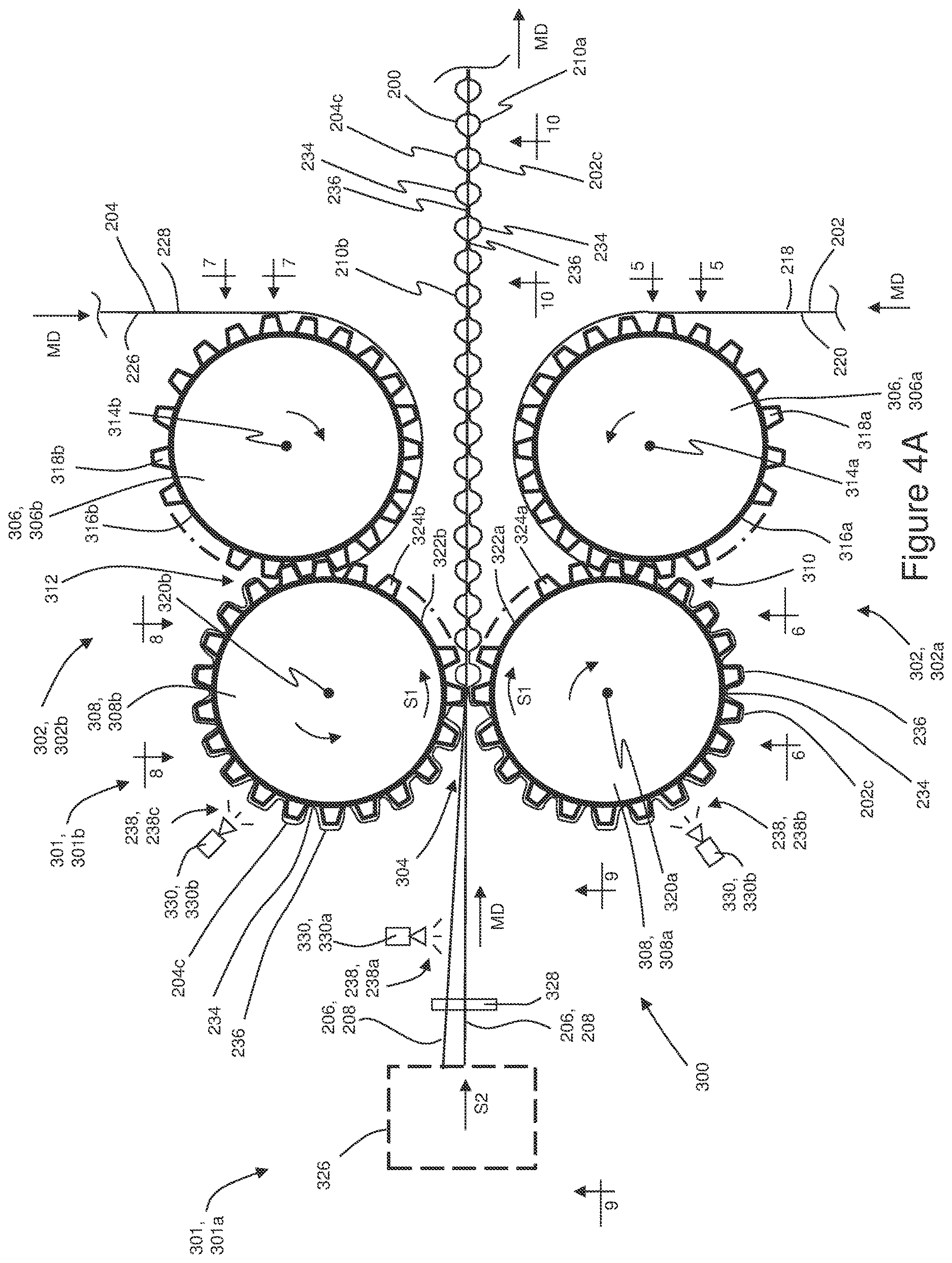 Patent US12616614 Figure 4 – Absorbent articles with corrugated elastomeric laminates and methods for making corrugated elastomeric laminates