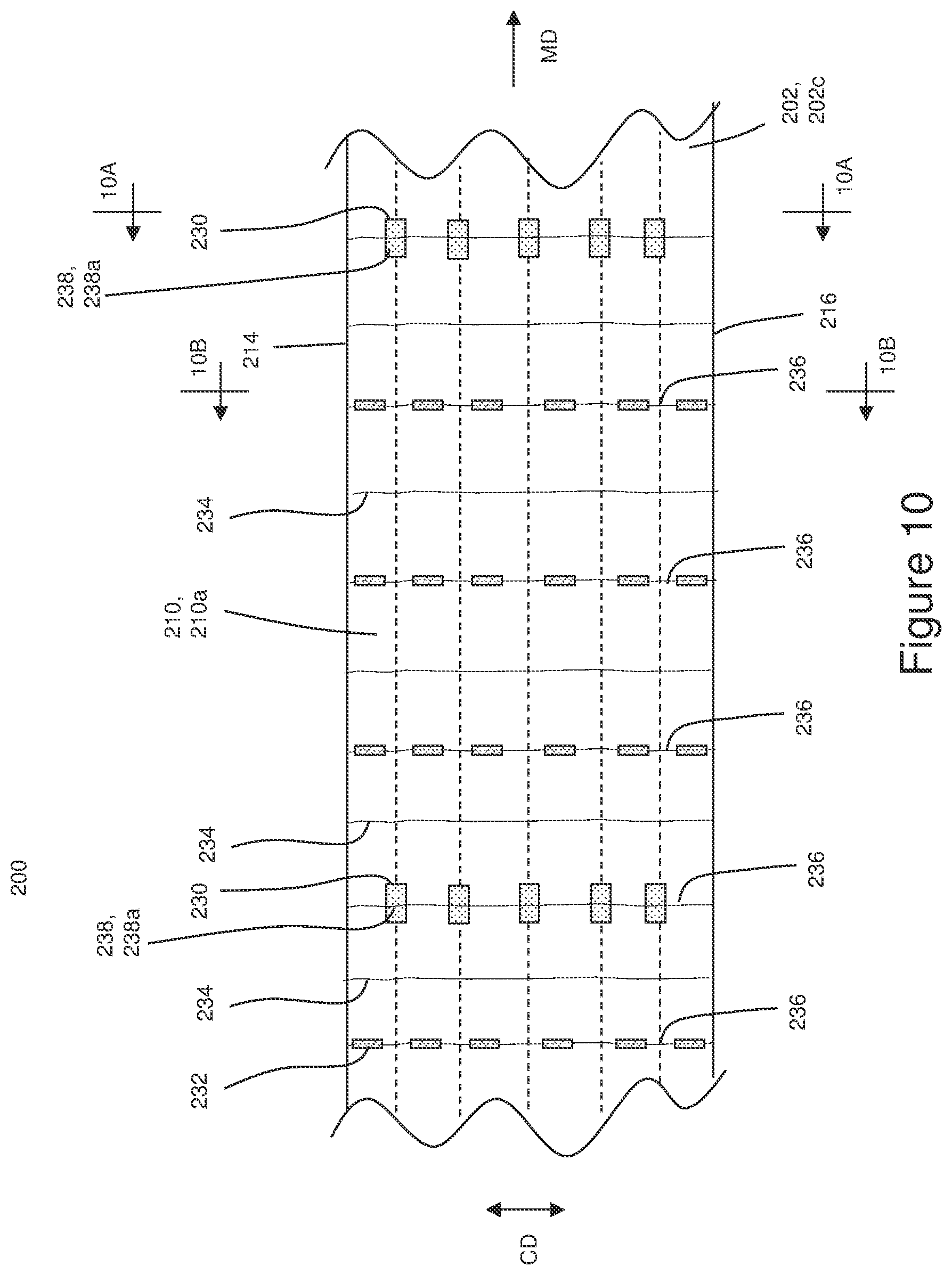 Patent US12616614 Figure 12 – Absorbent articles with corrugated elastomeric laminates and methods for making corrugated elastomeric laminates
