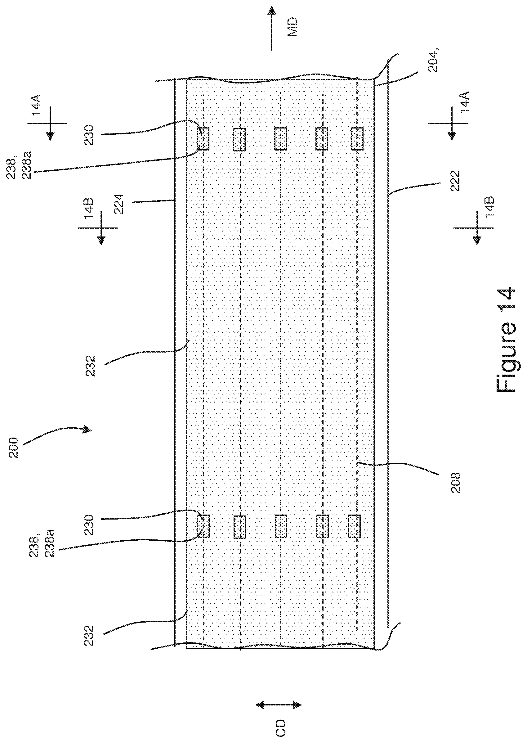 Patent US12616614 Figure 18 – Absorbent articles with corrugated elastomeric laminates and methods for making corrugated elastomeric laminates