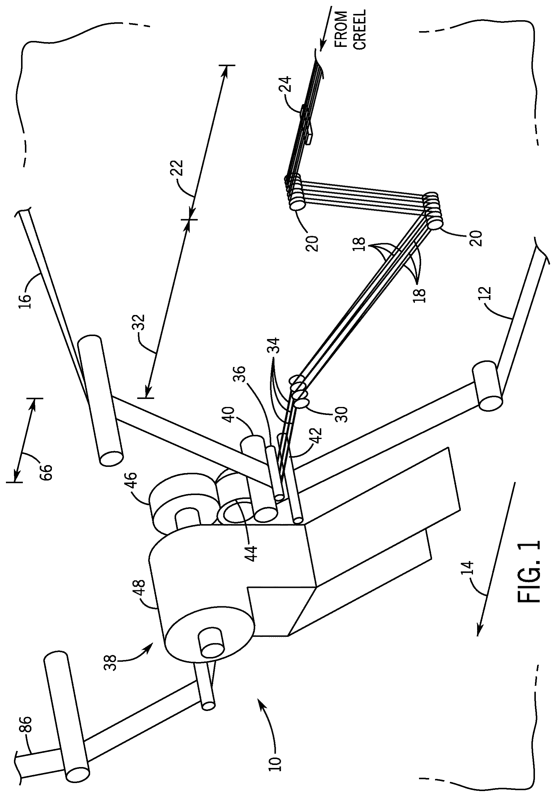 Patent US12616617 Figure 1 – Apparatus and method of manufacturing an elastic composite structure for an absorbent sanitary product