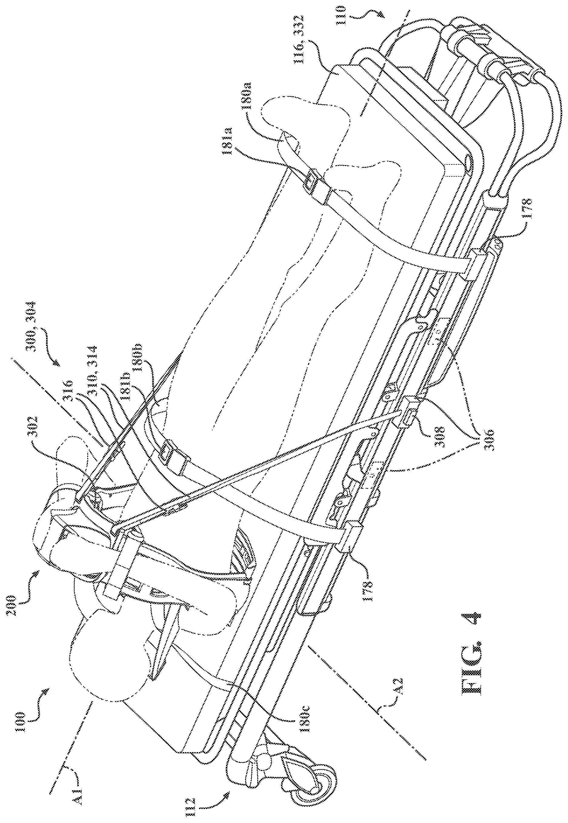 Patent US12616624 Figure 4 – Chest compression system retainer with tethers for use with a patient transport apparatus