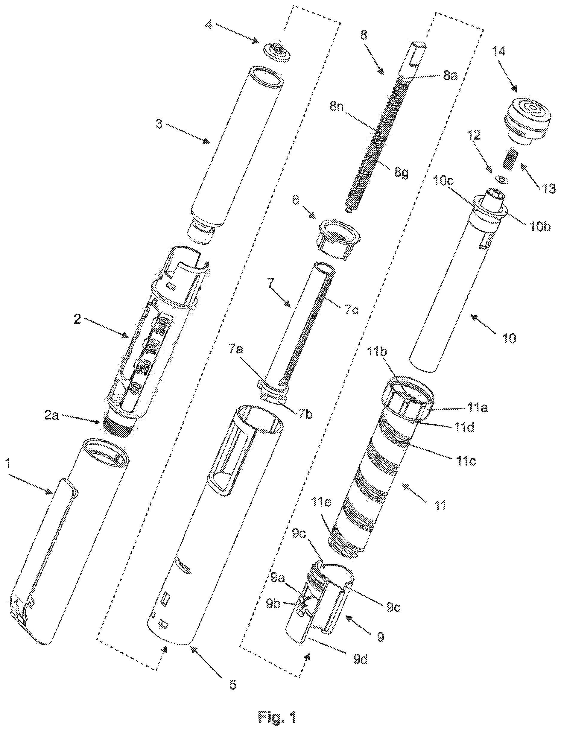 Patent US12616797 Figure 1 – Injection unit for administering or delivering a fluid product