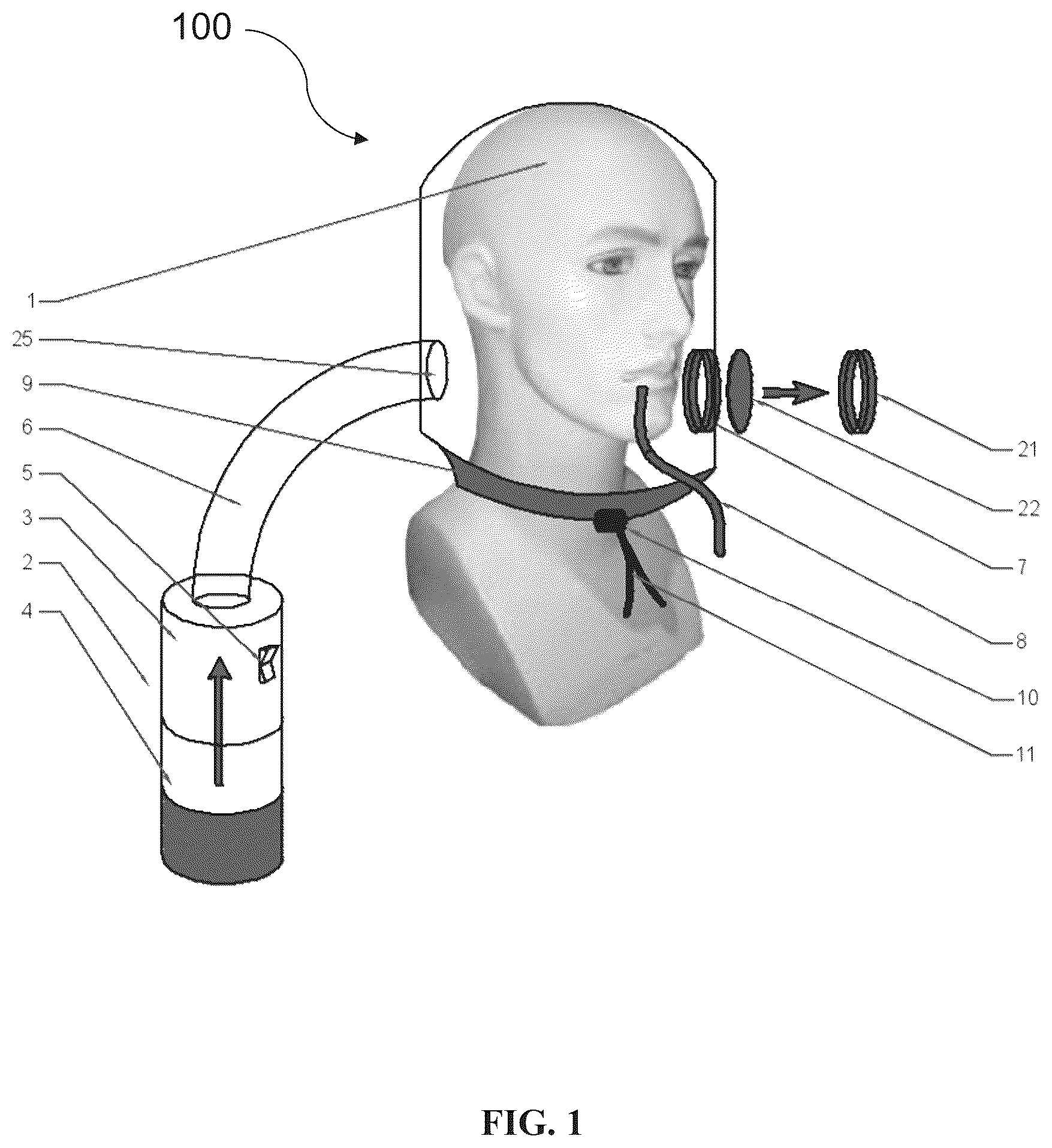 Patent US12616855 Figure 1 – Device for personal protection and insulation against pollutants and microorganisms and filtering group for devices for protection and insulation