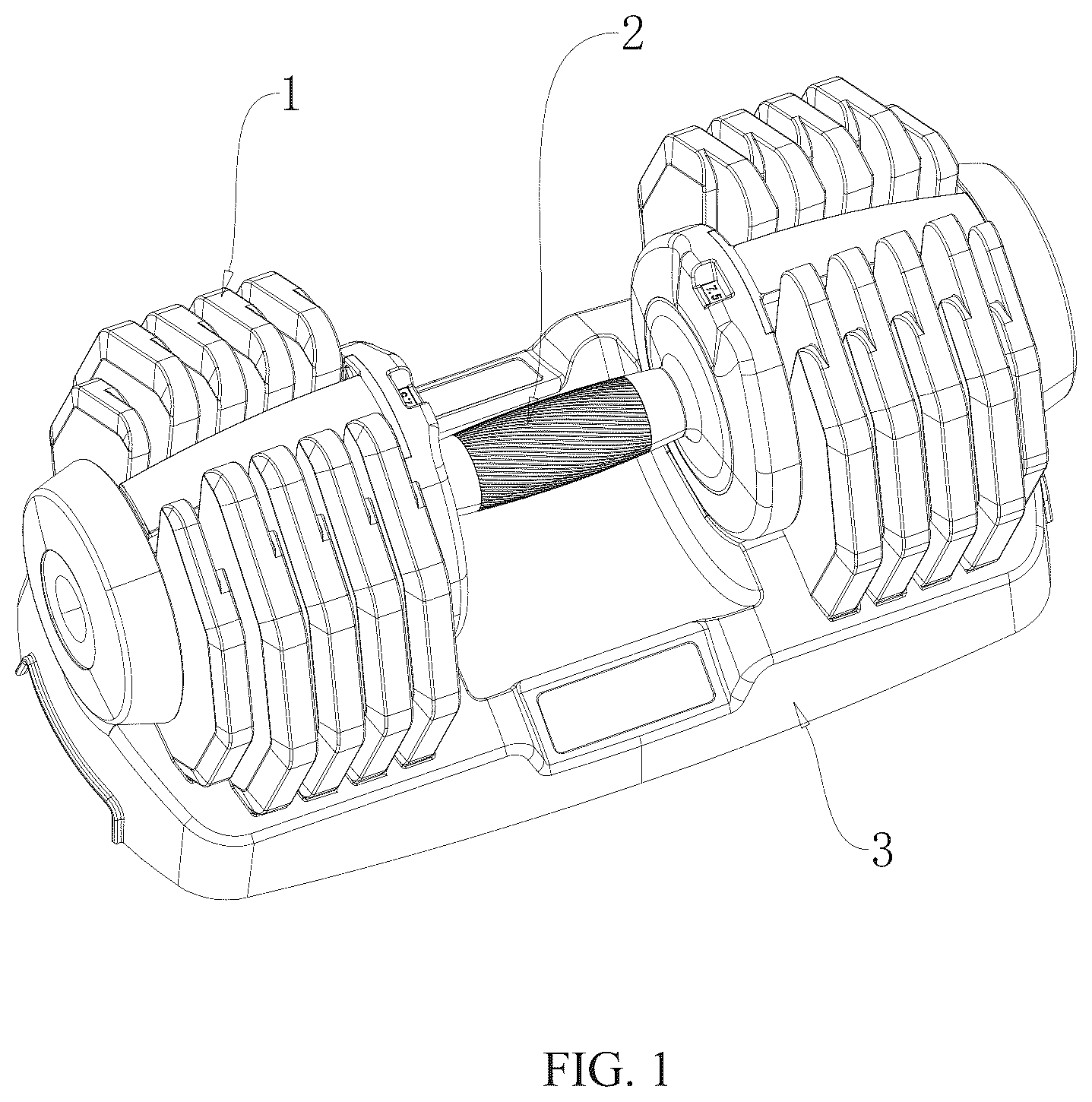 Patent US12616866 Figure 1 – Weight-visualized dumbbell