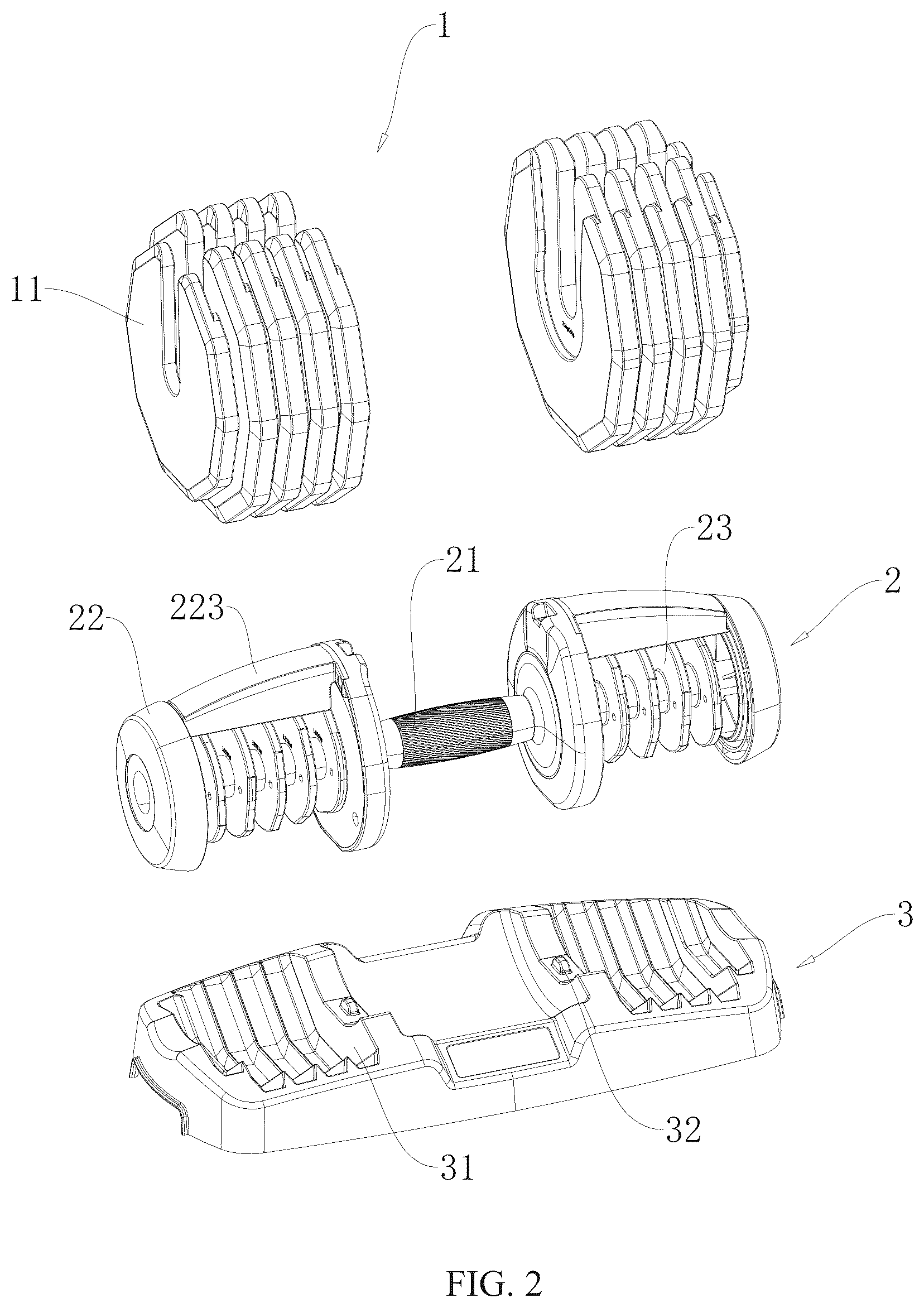 Patent US12616866 Figure 2 – Weight-visualized dumbbell