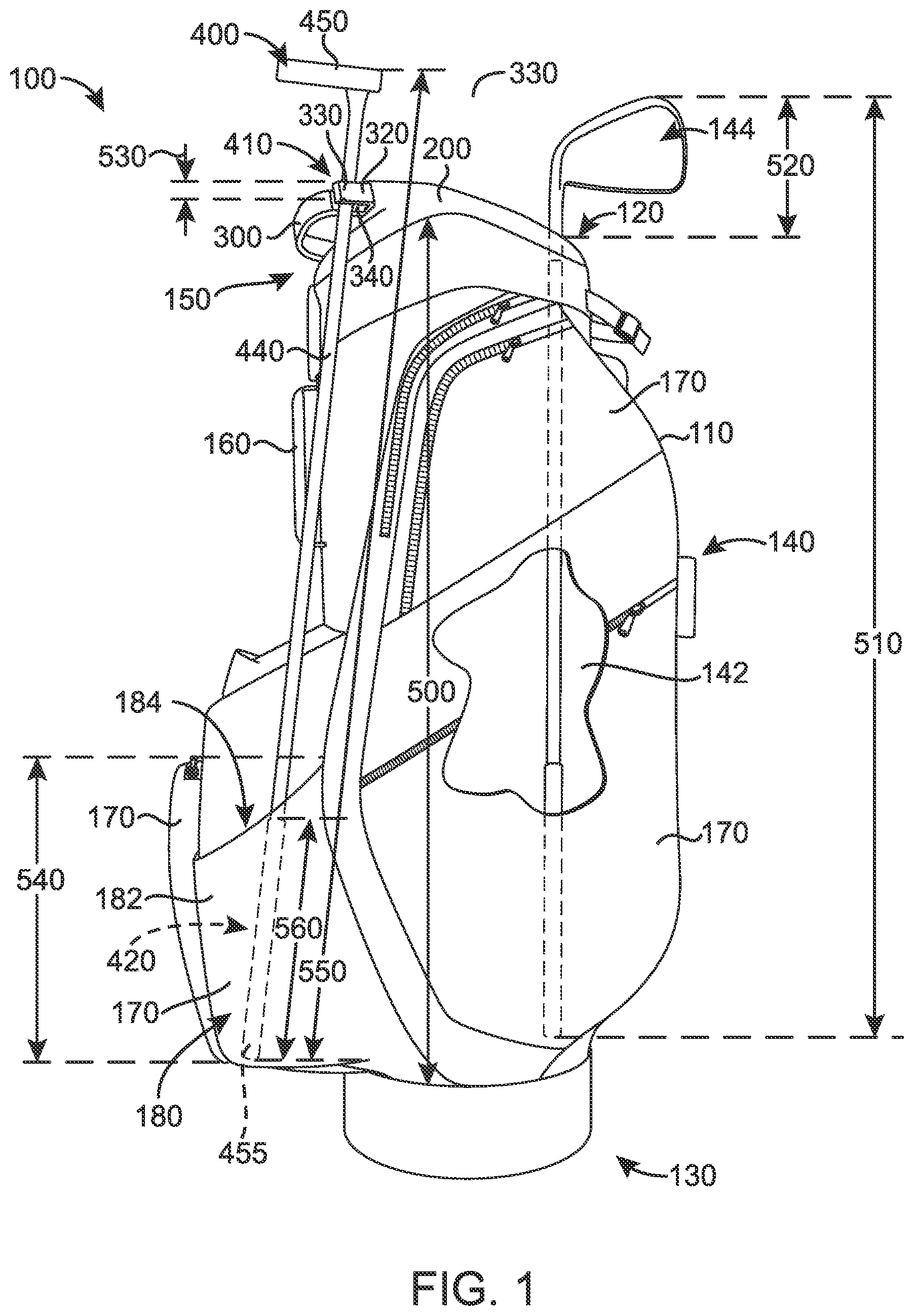 Patent US12616883 Figure 1 – Golf bags, golf bag tops and methods to manufacture golf bags and golf bag tops
