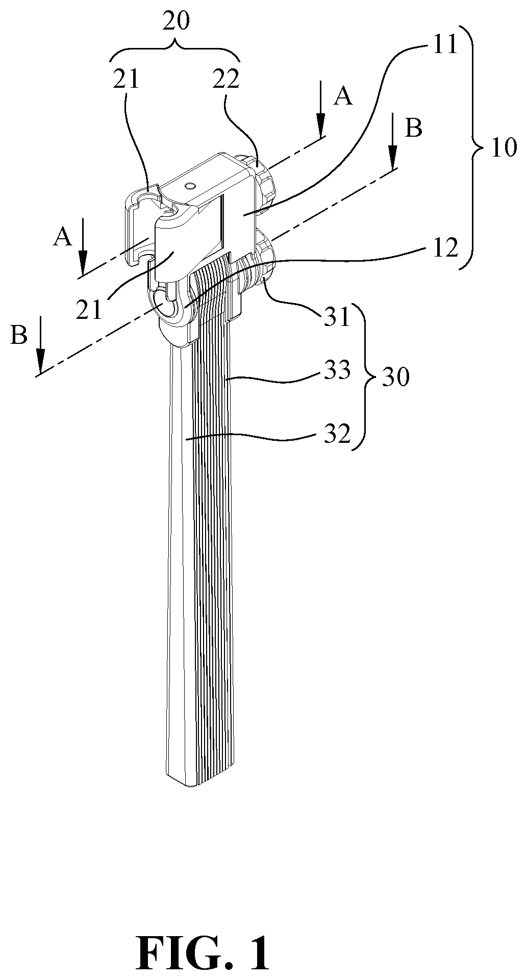 Patent US12616890 Figure 1 – Auxiliary device for practicing golf swing posture