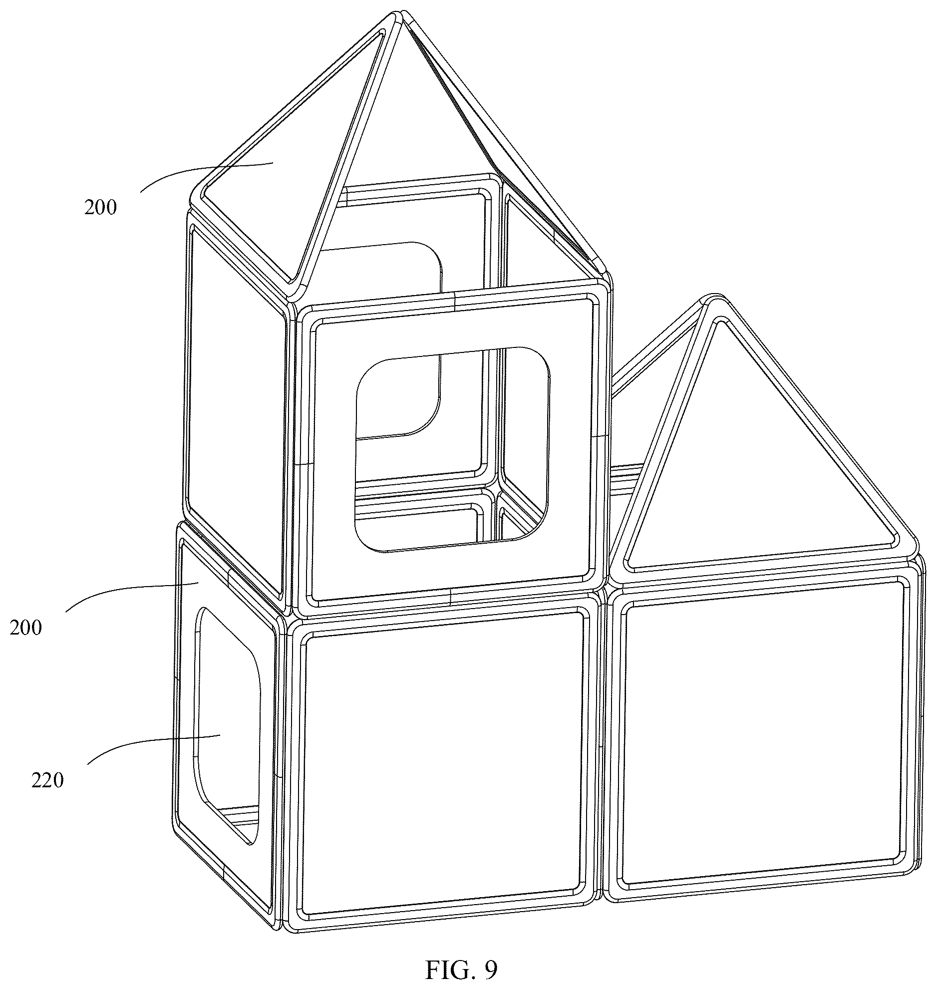 Patent US12616911 Figure 9 – Frame, assembling panel, and assembly toy