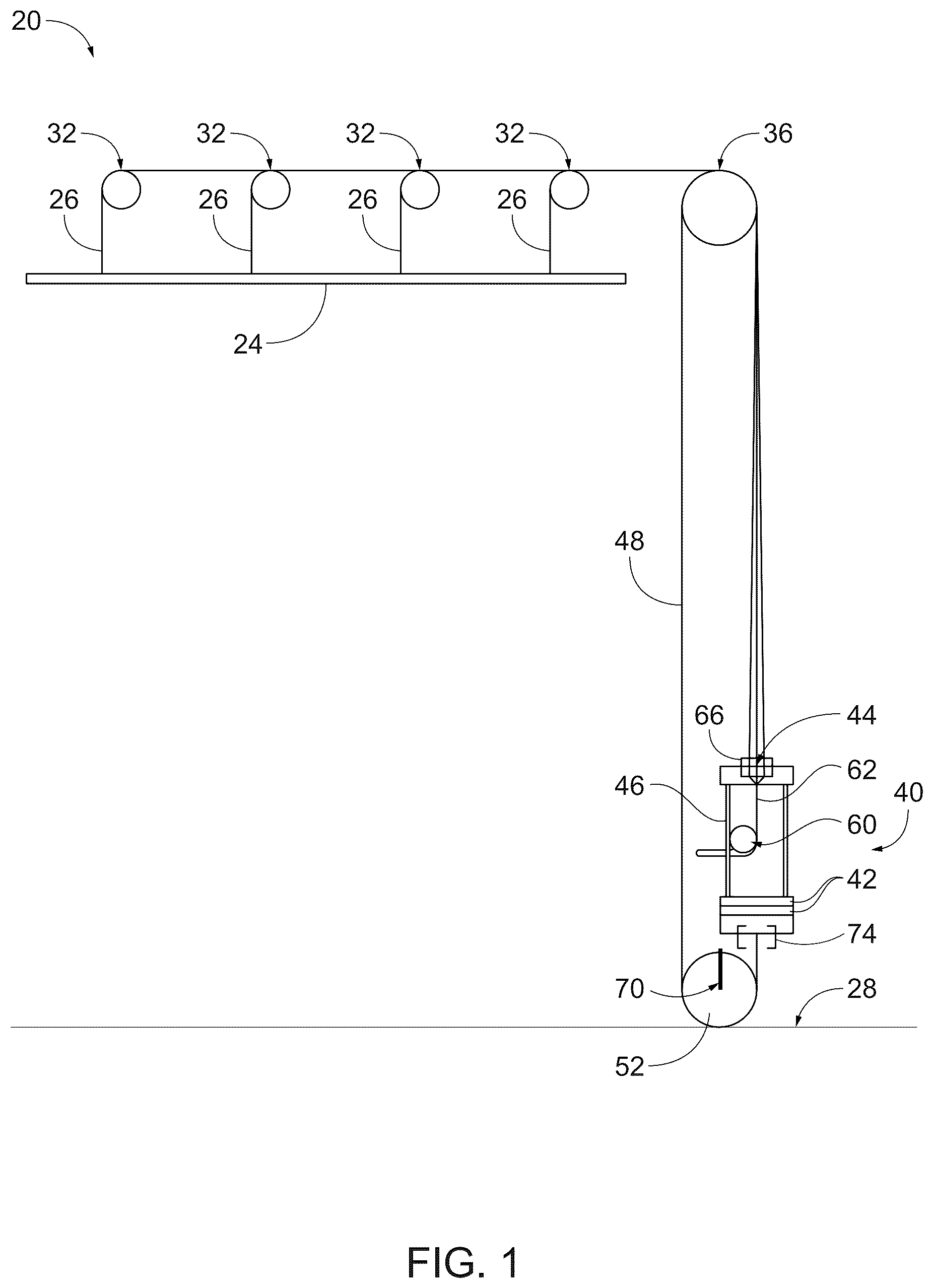 Patent US12616914 Figure 1 – Convertible counterweight rigging system