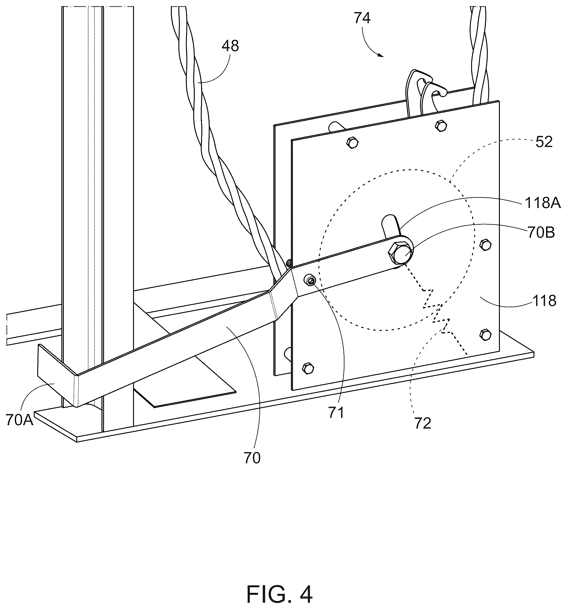 Patent US12616914 Figure 4 – Convertible counterweight rigging system