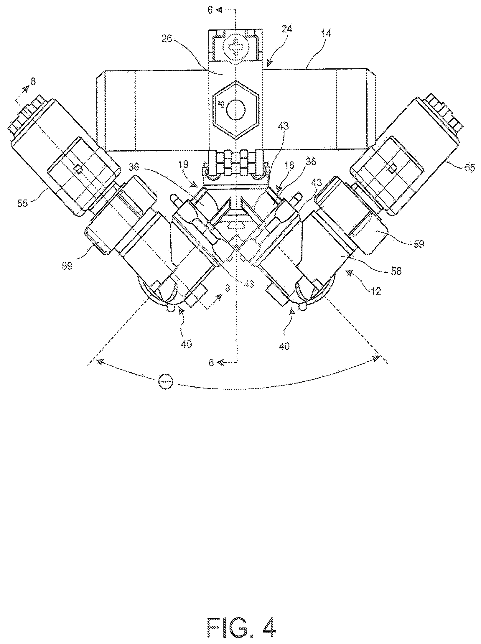 Patent US12616990 Figure 4 – Boom mounted spray nozzle assembly with compact multi spray nozzle design
