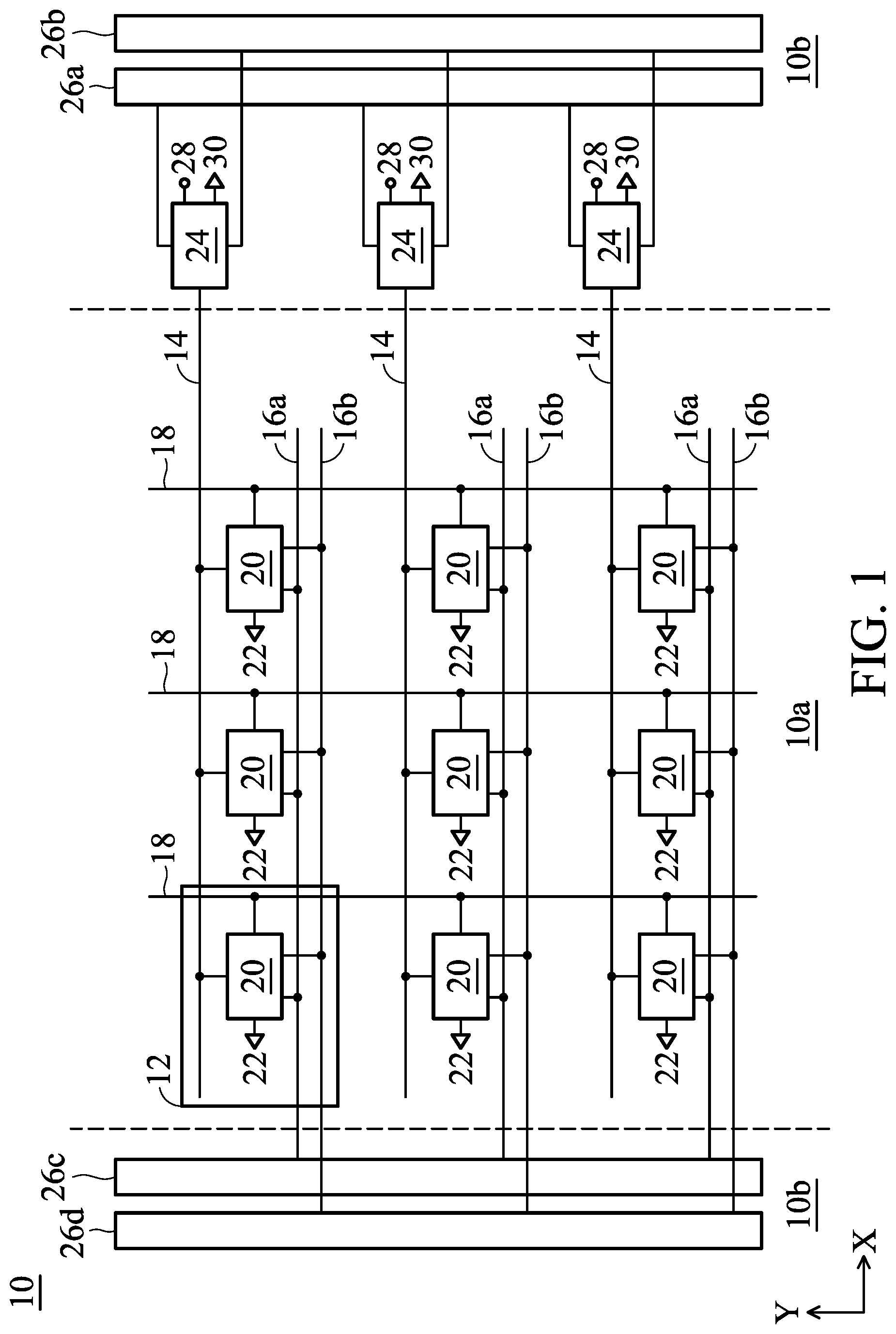 Patent US12616997 Figure 1 – Electronic device including a transducer electrically connected to a demultiplexer and method for fabricating the transducer in the electronic device