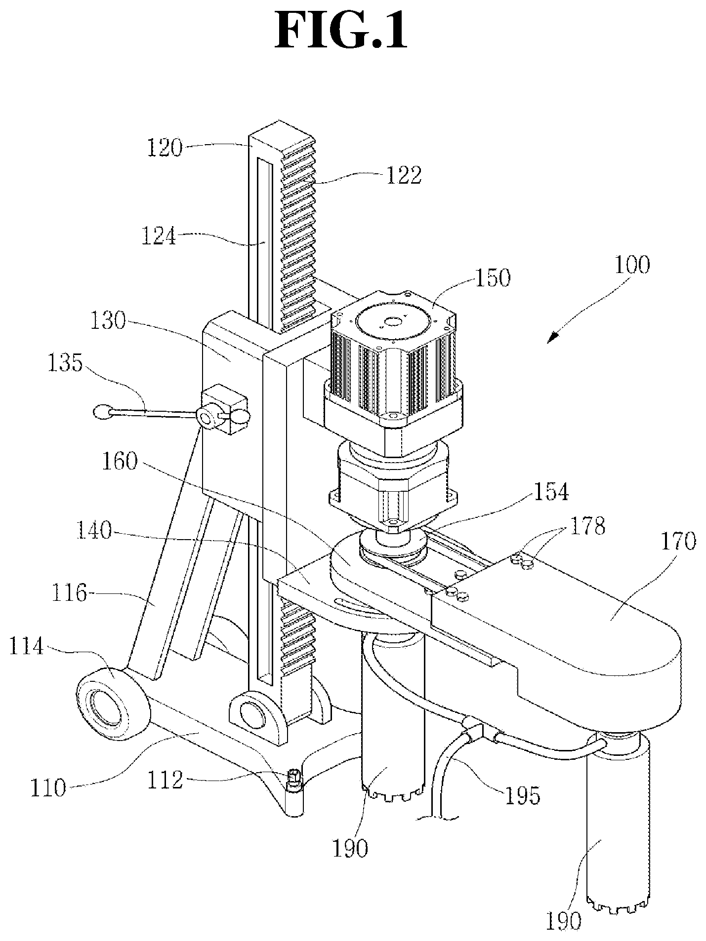 Patent US12617027 Figure 1 – Two-hole core drilling machine