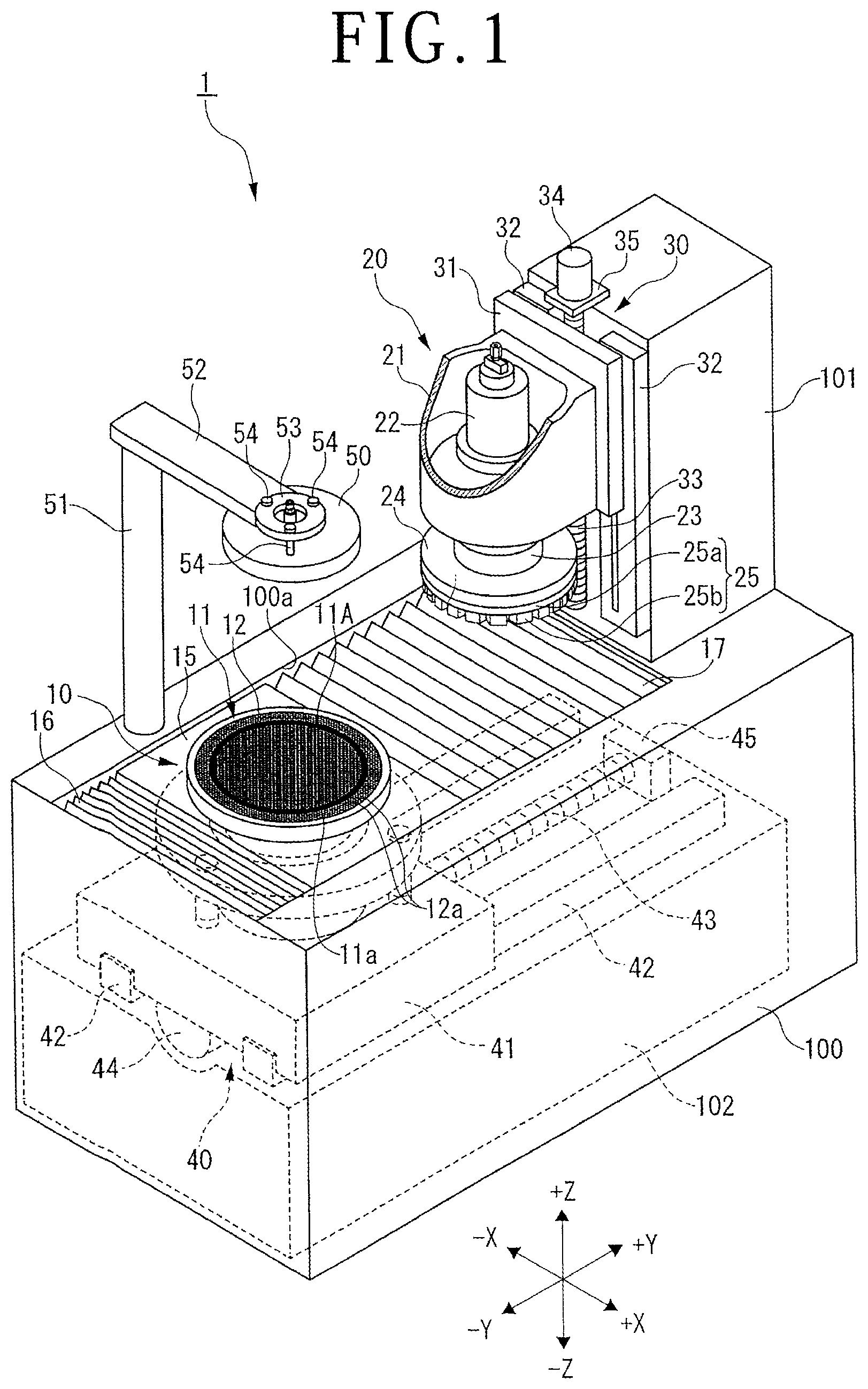 Patent US12617050 Figure 1 – Processing machine and unloading method of workpiece