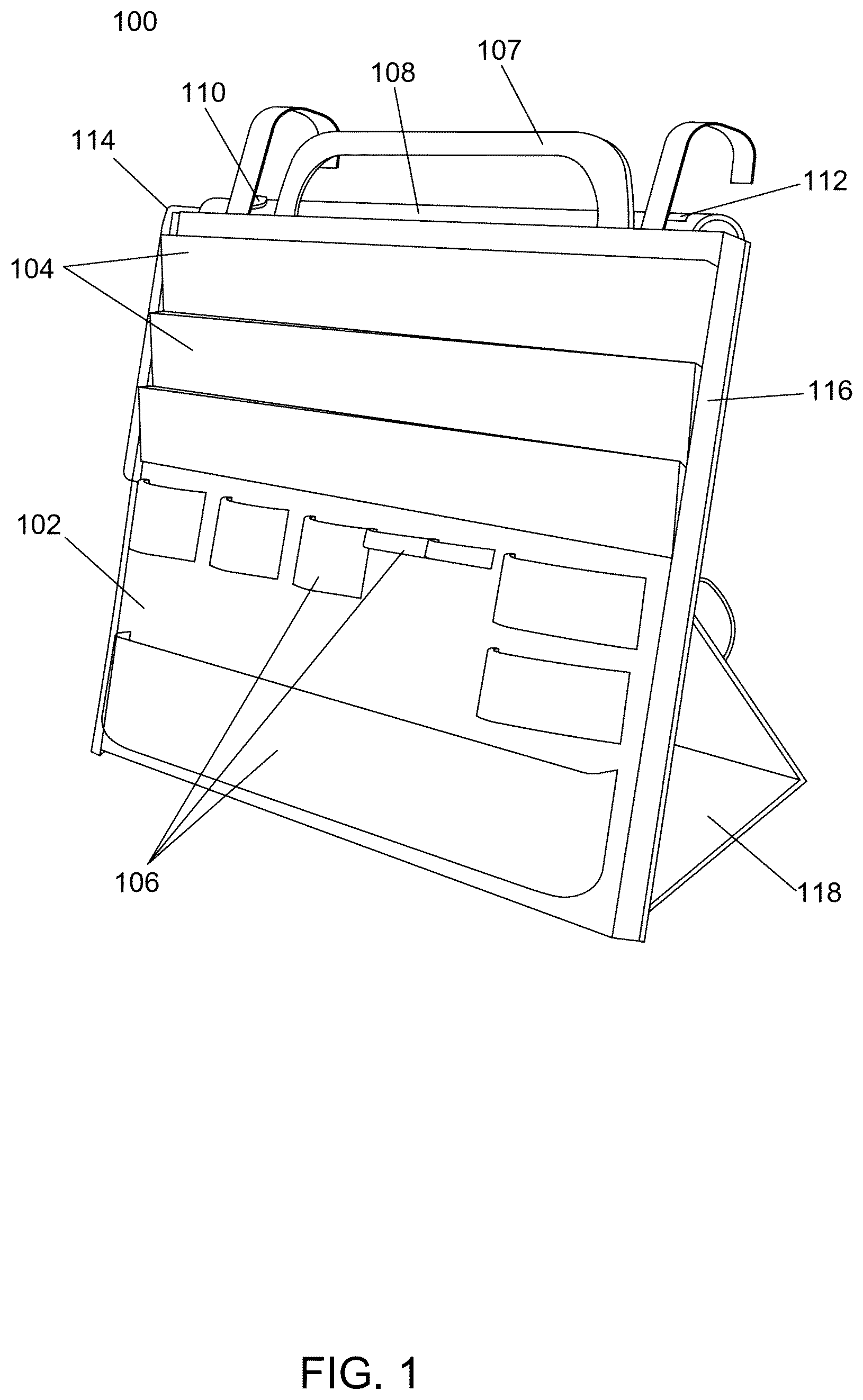 Patent US12617072 Figure 1 – Integrated drywall finishing tool organizer with cleaning system