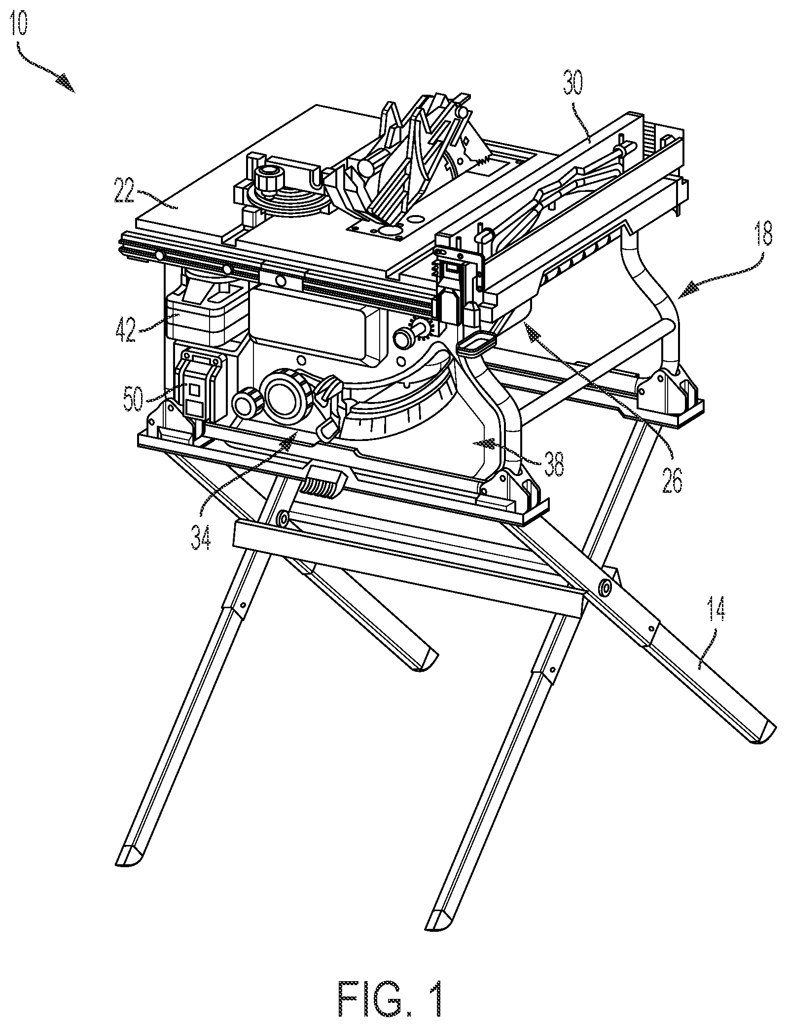 Patent US12617116 Figure 1 – Table saw including storage mount for blade guard assembly