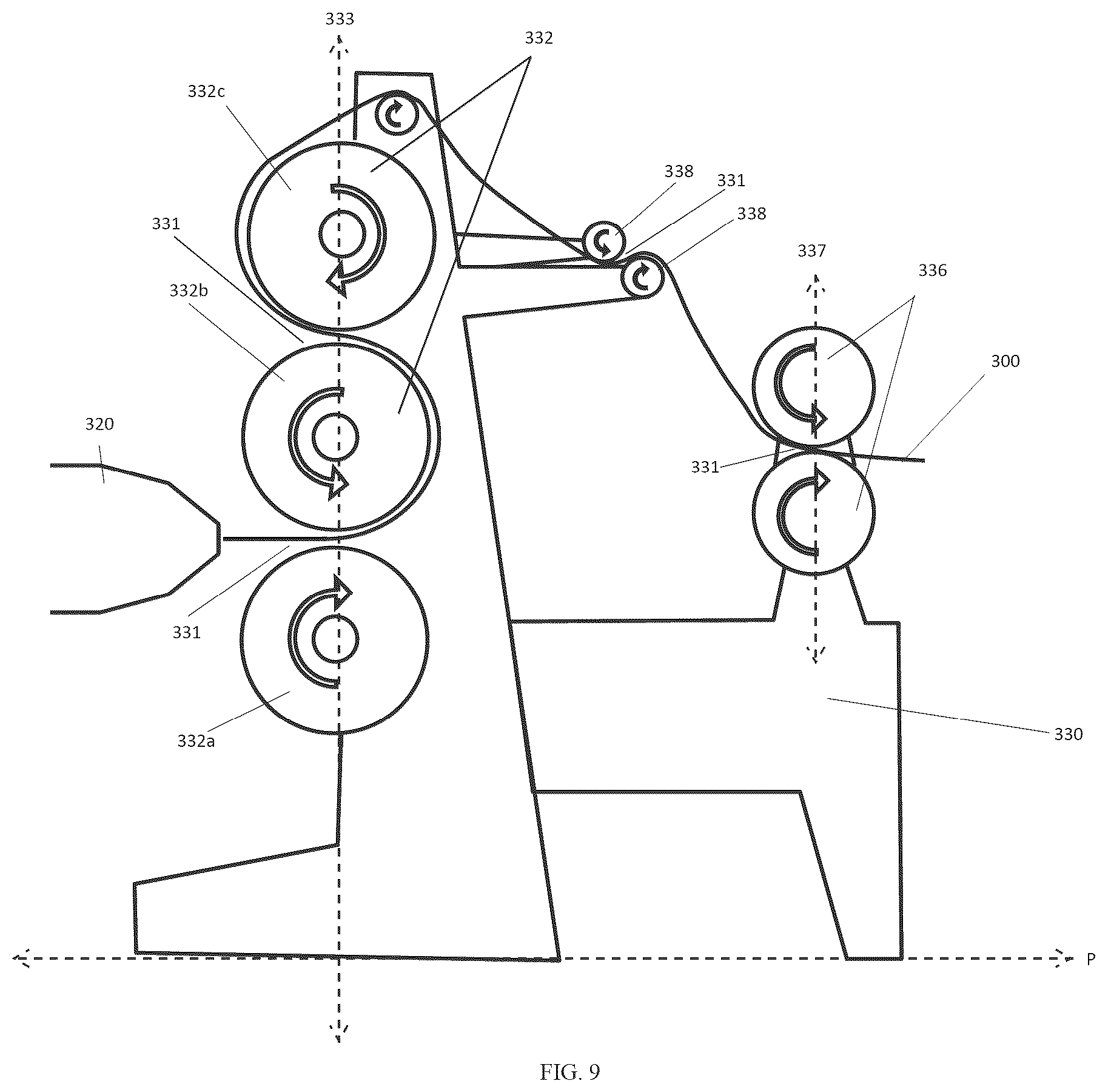 Patent US12617131 Figure 9 – Continuous roll molding system and method; frangible cap strip and method of making using continuous roll molding