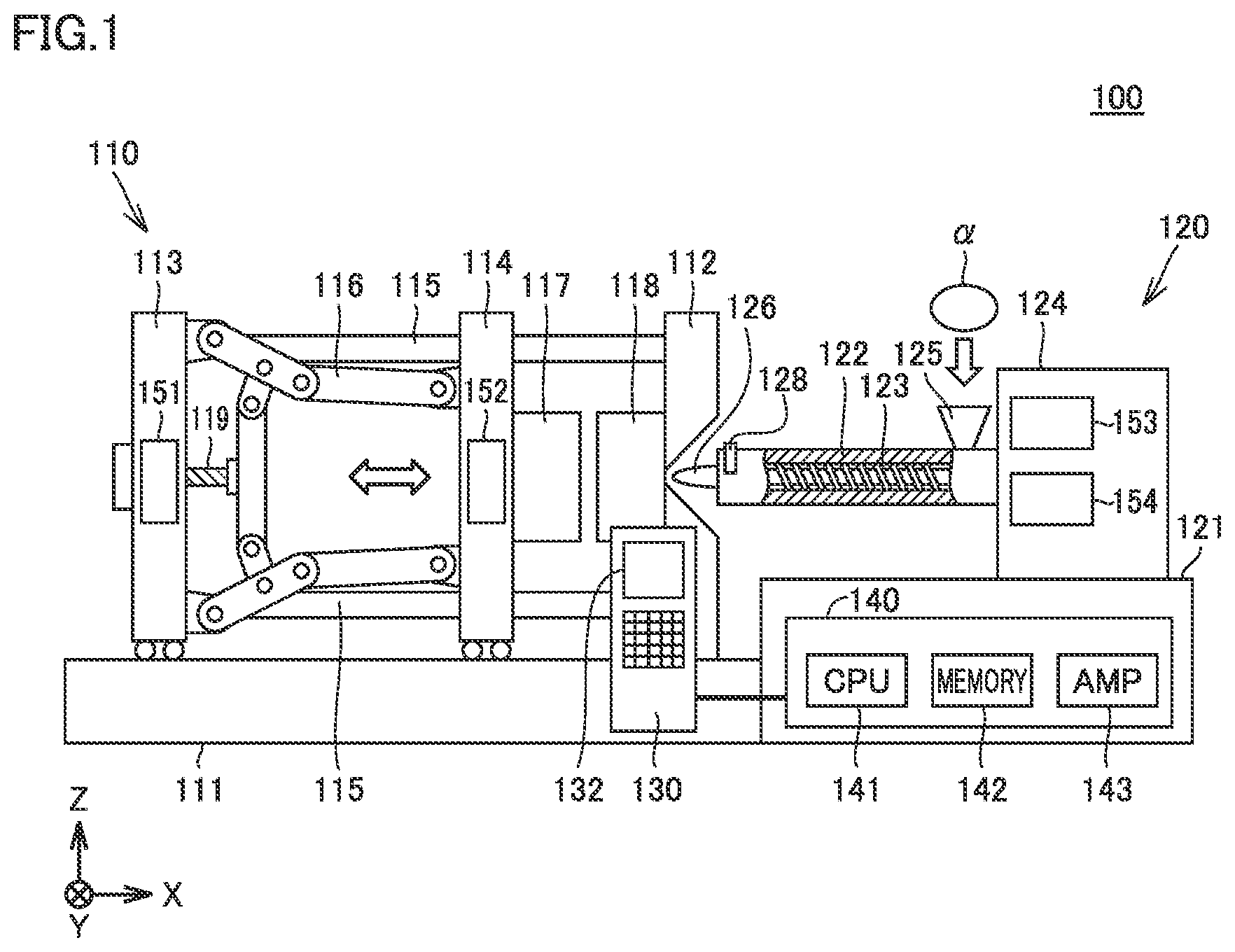 Patent US12617138 Figure 1 – Injection molding machine with controller for diagnosing injection molding machine